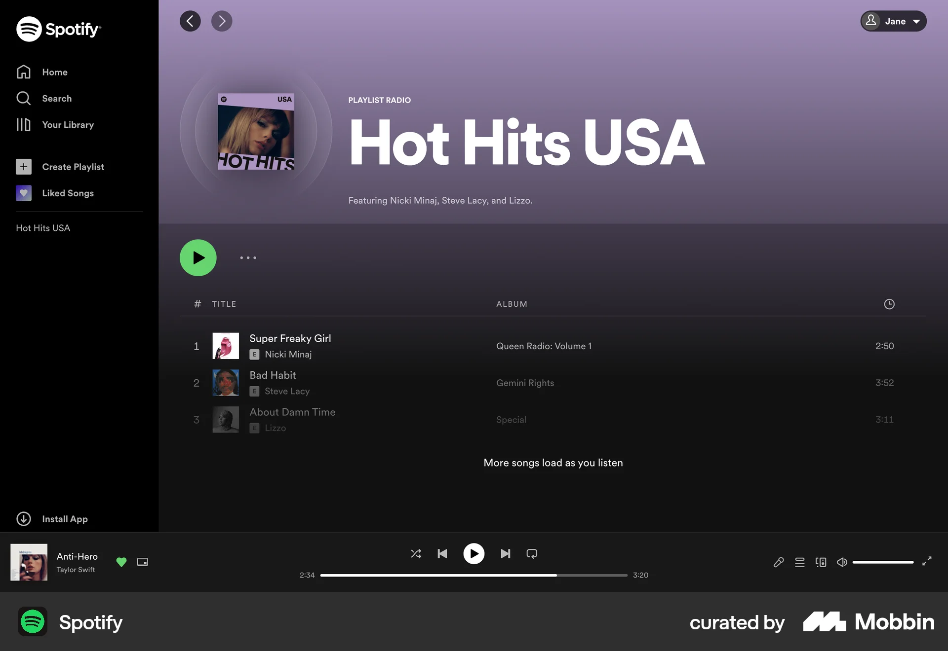 Spotify Web Playlists screen