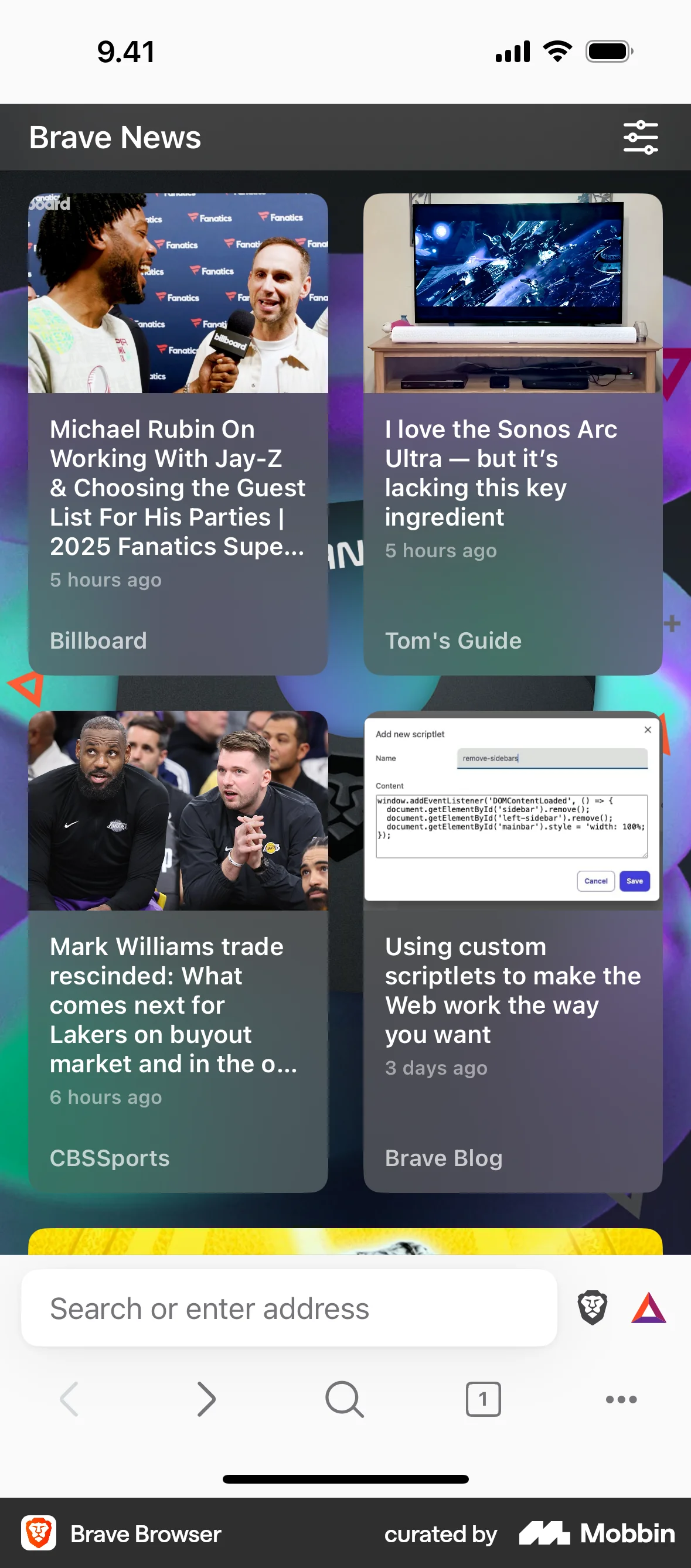 Brave Browser iOS News Feed screen