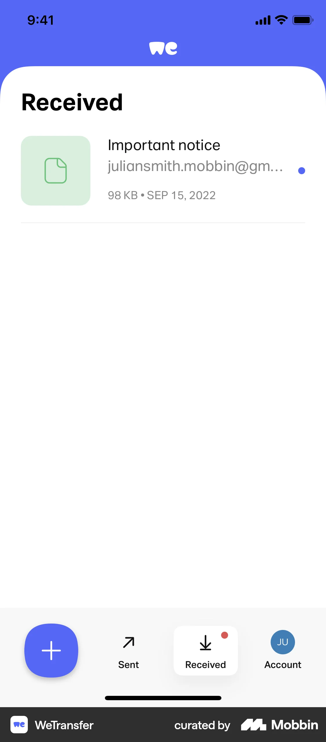 WeTransfer iOS screen containing Tab Bar UI element
