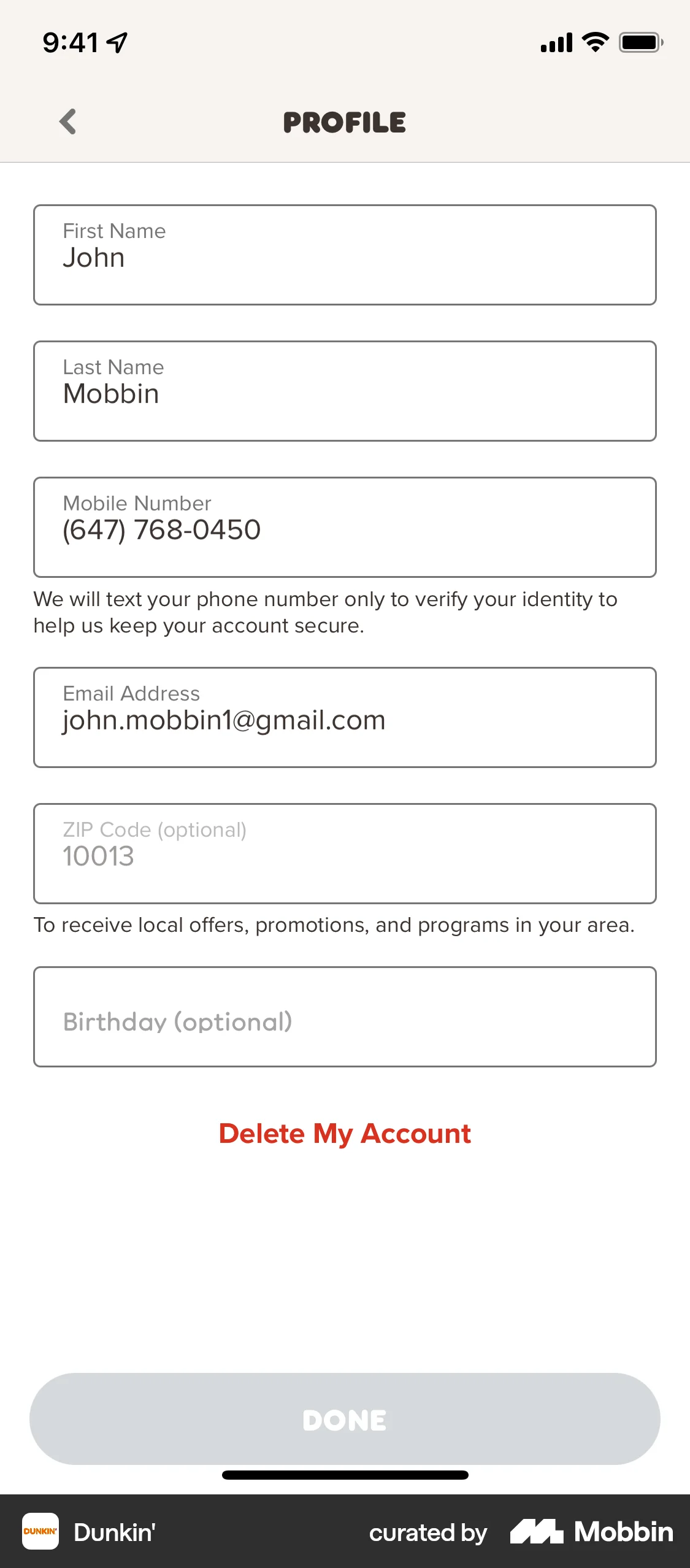 Dunkin' iOS Delete screen