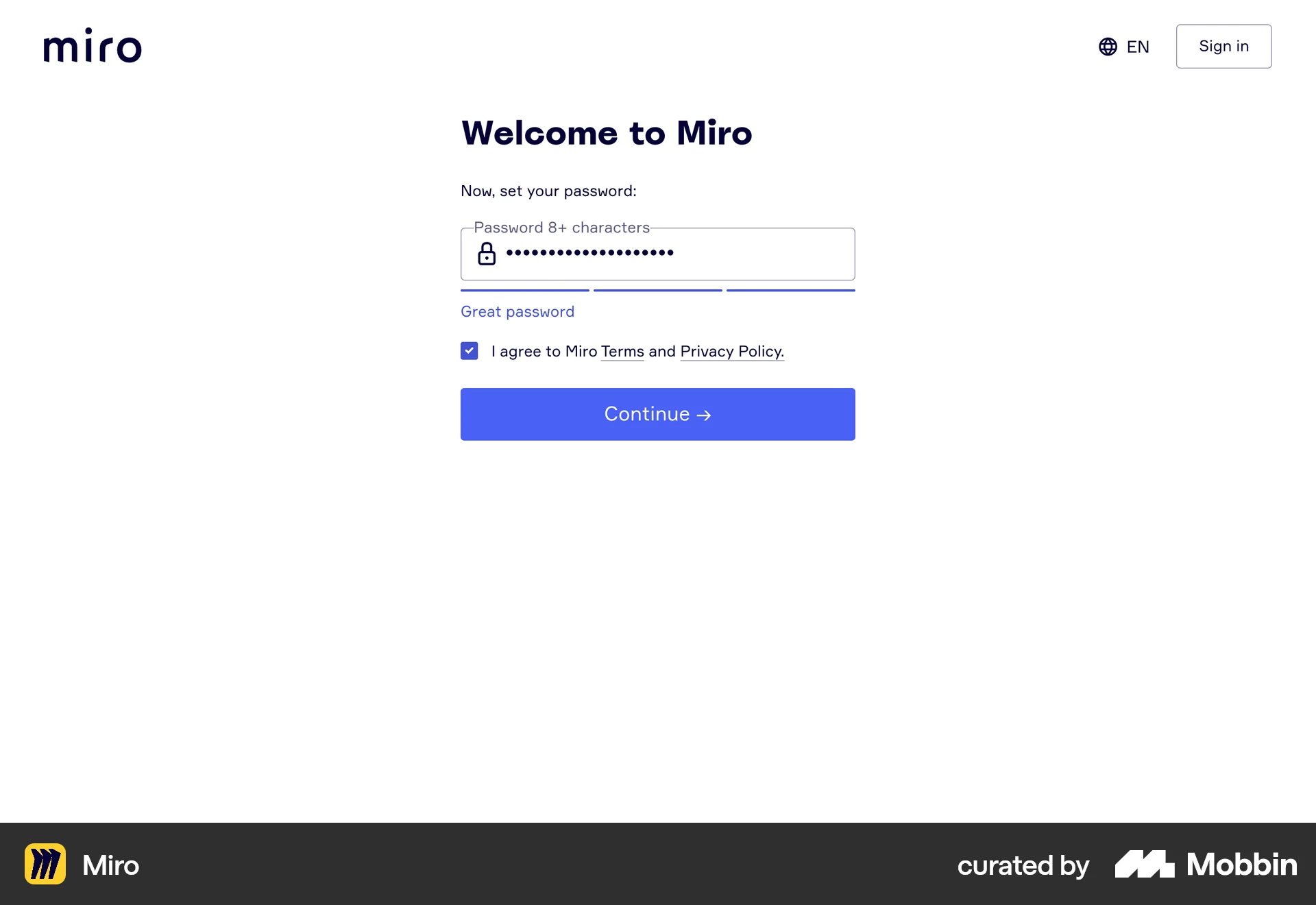 Miro Web Signup screen