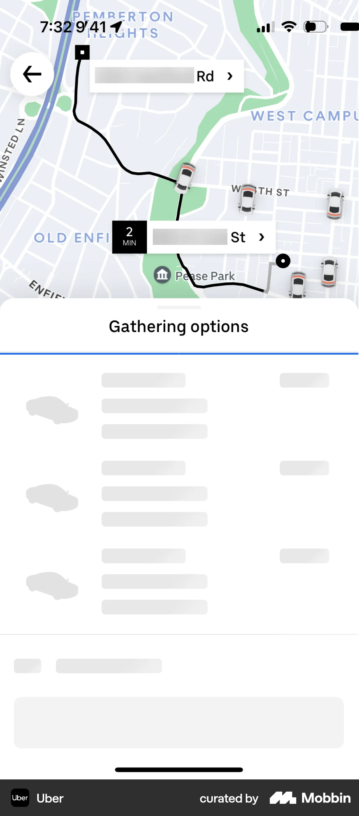 Uber iOS screen containing Skeleton UI element