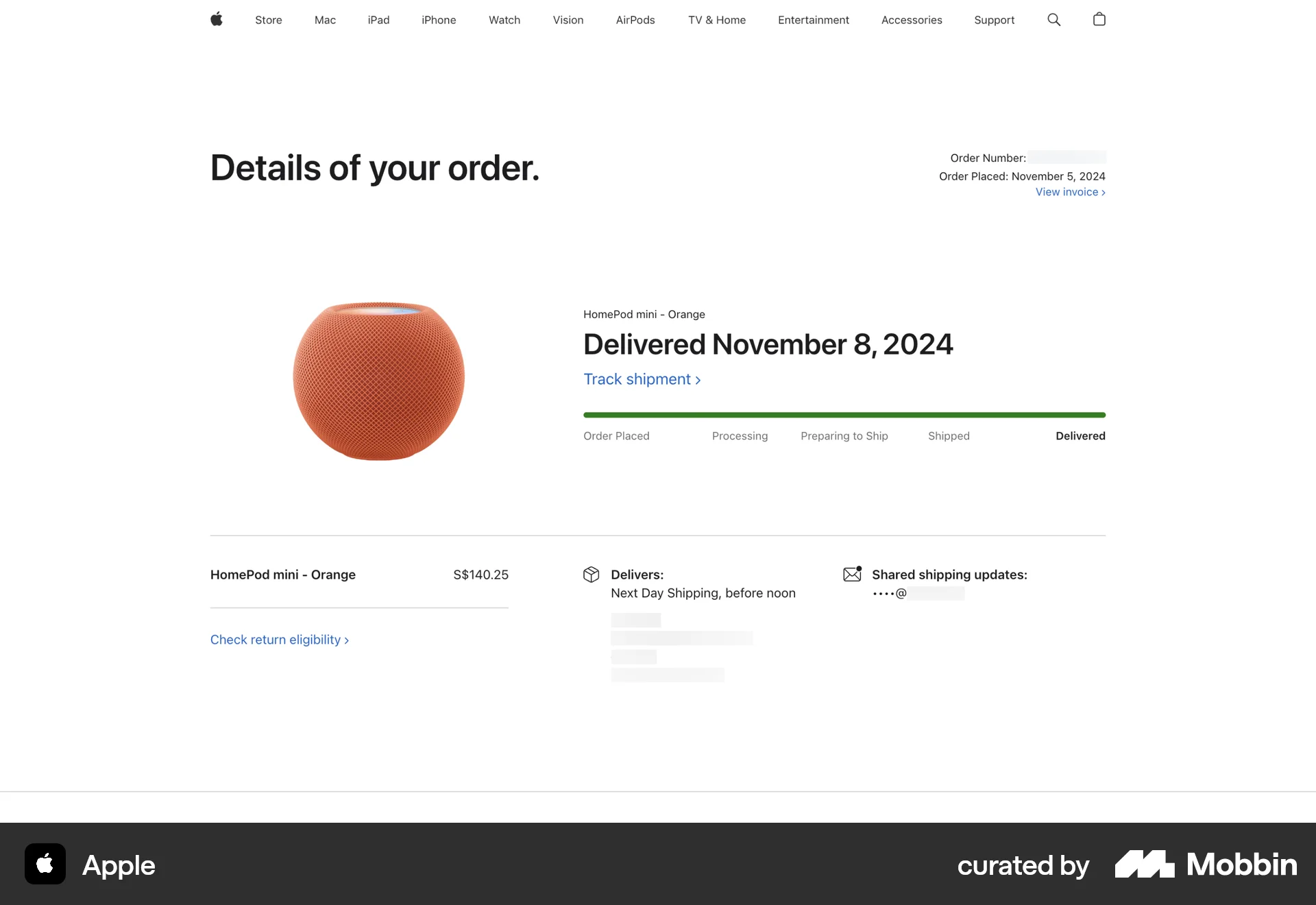 Apple Web Order Detail screen