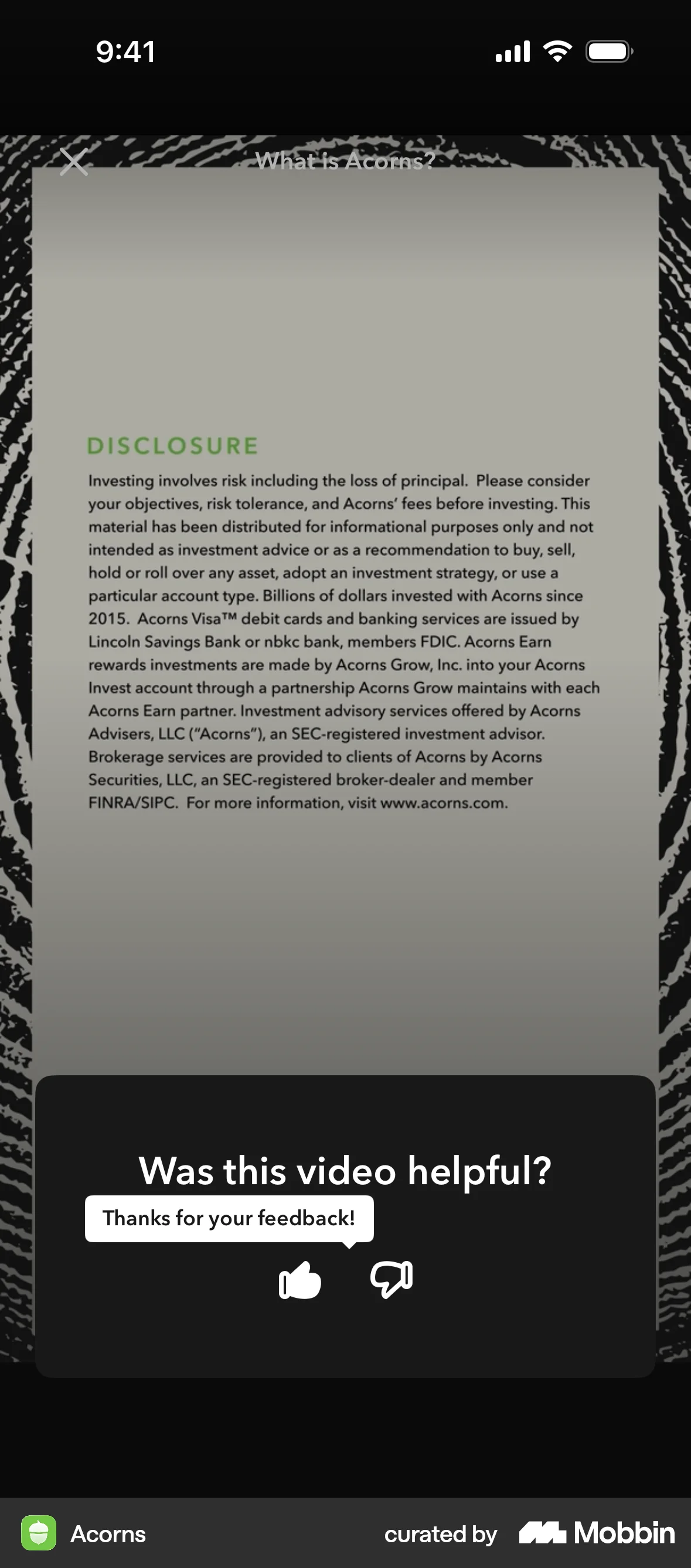 Acorns iOS Feedback screen
