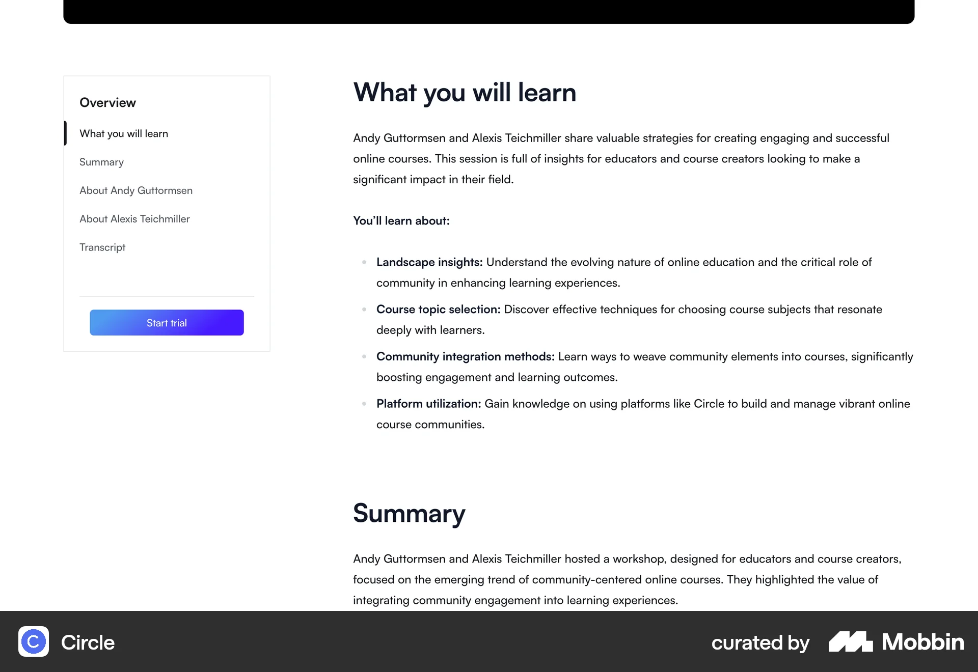 Circle Web screen containing Table of Contents UI element