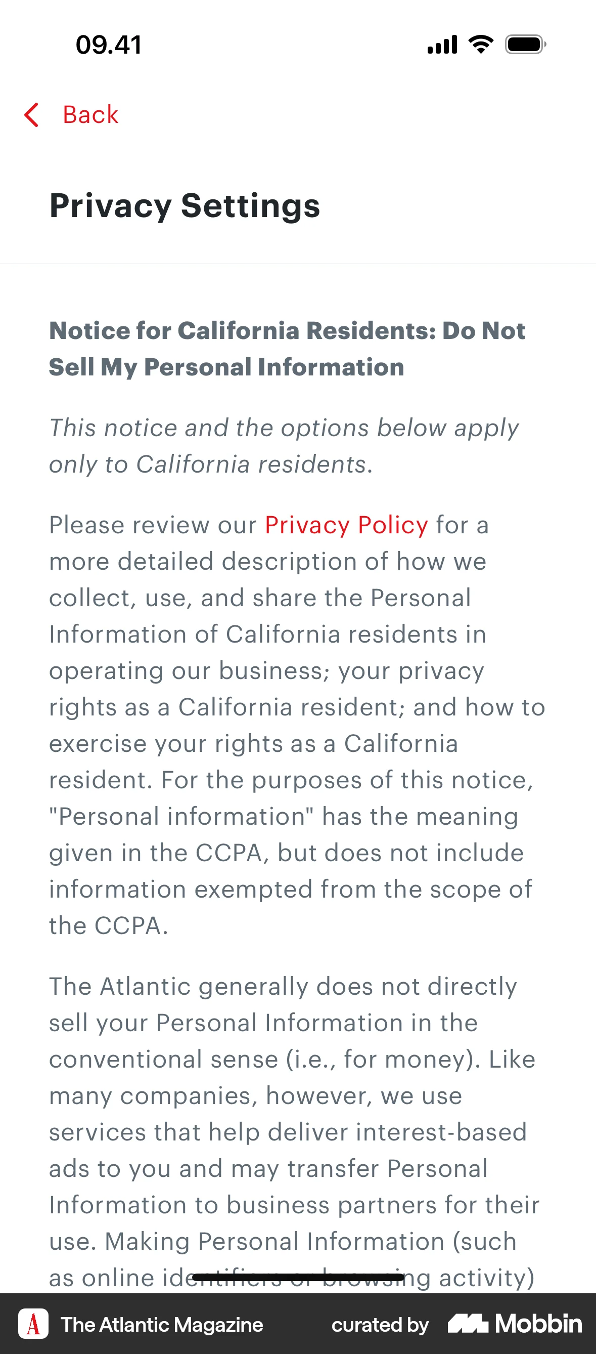 The Atlantic Magazine iOS Privacy Policy screen