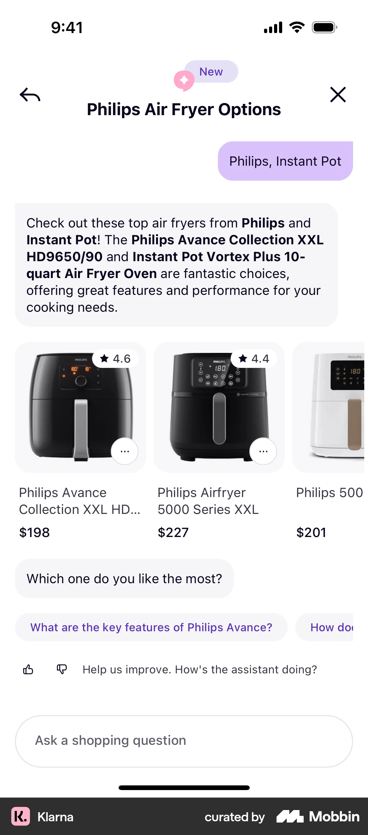 Klarna iOS Chat Bot screen