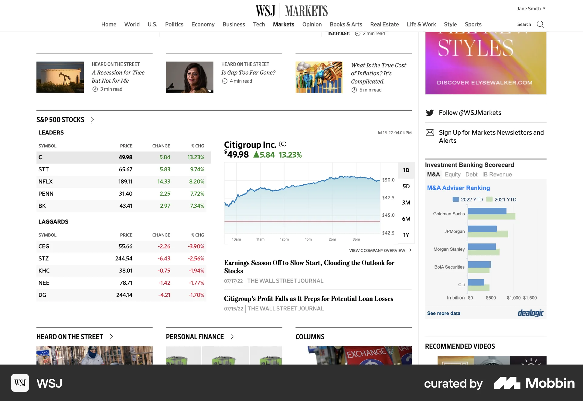 WSJ Web News Feed screen