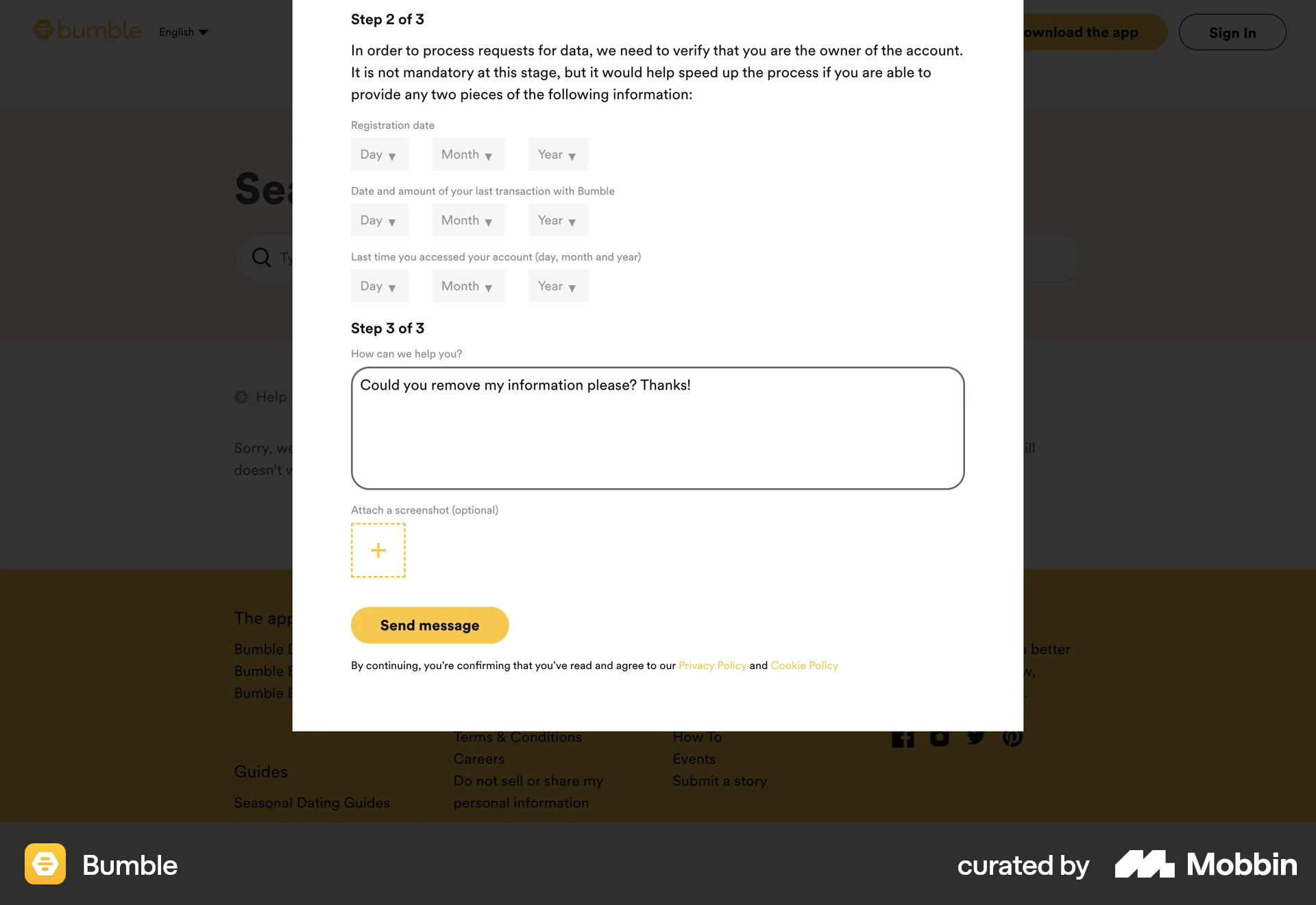 Bumble Web Help & Support screen