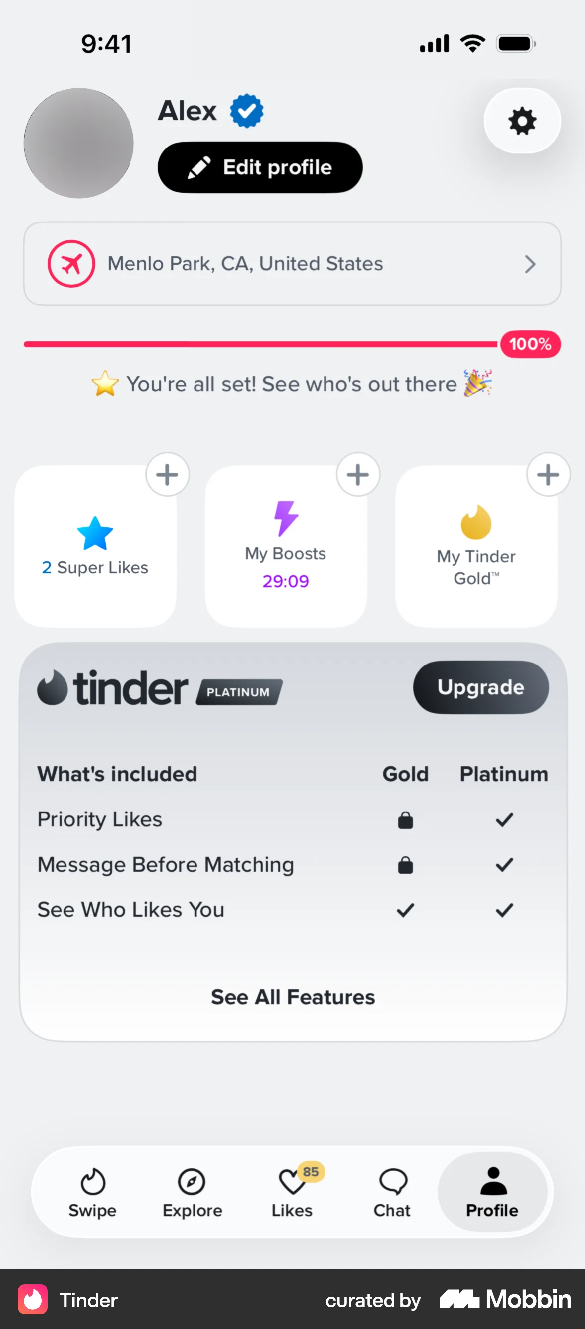 Tinder iOS My Account & Profile screen