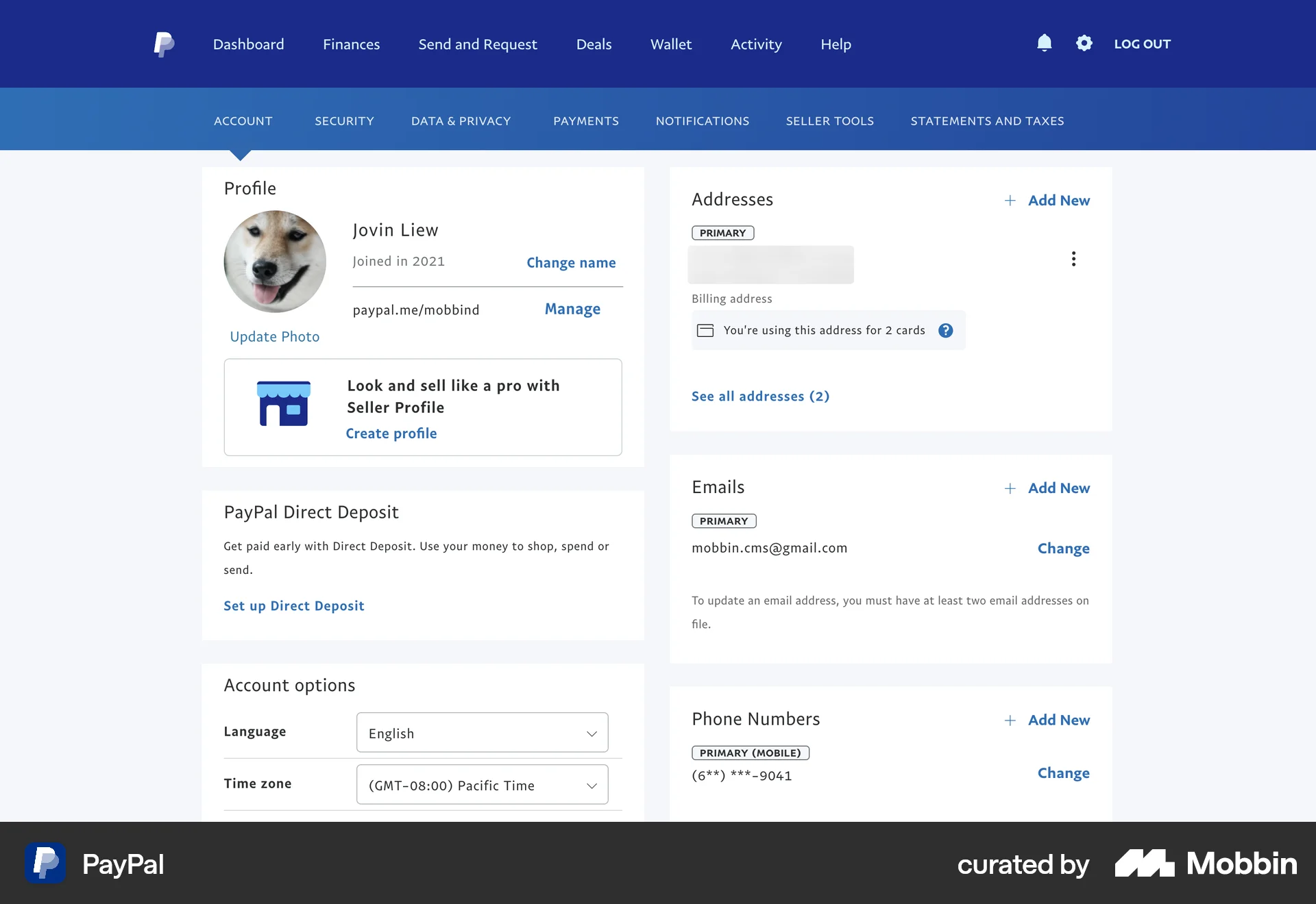 PayPal Web My Account & Profile screen