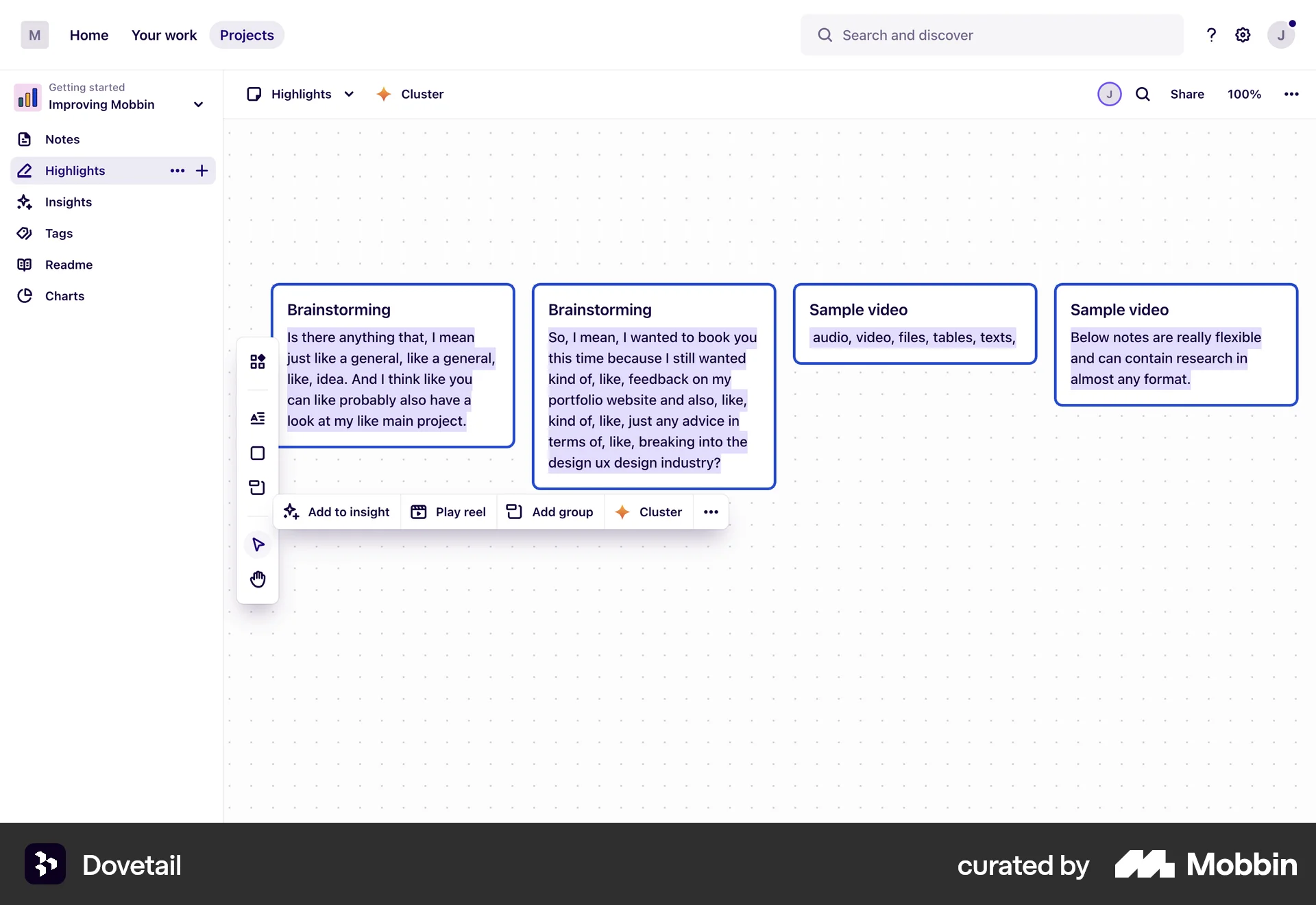 Dovetail Web Canvas screen