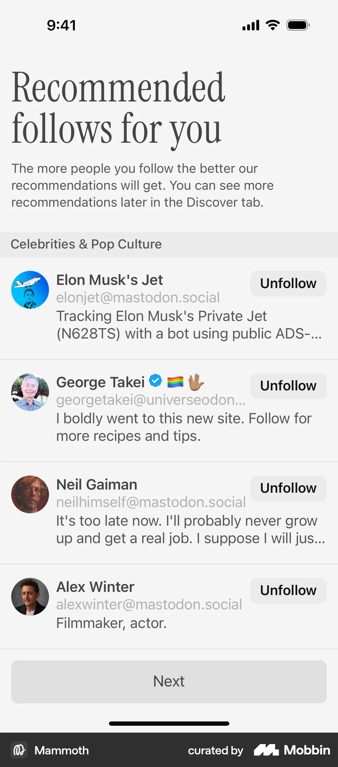 Mammoth iOS Follow & Subscribe screen