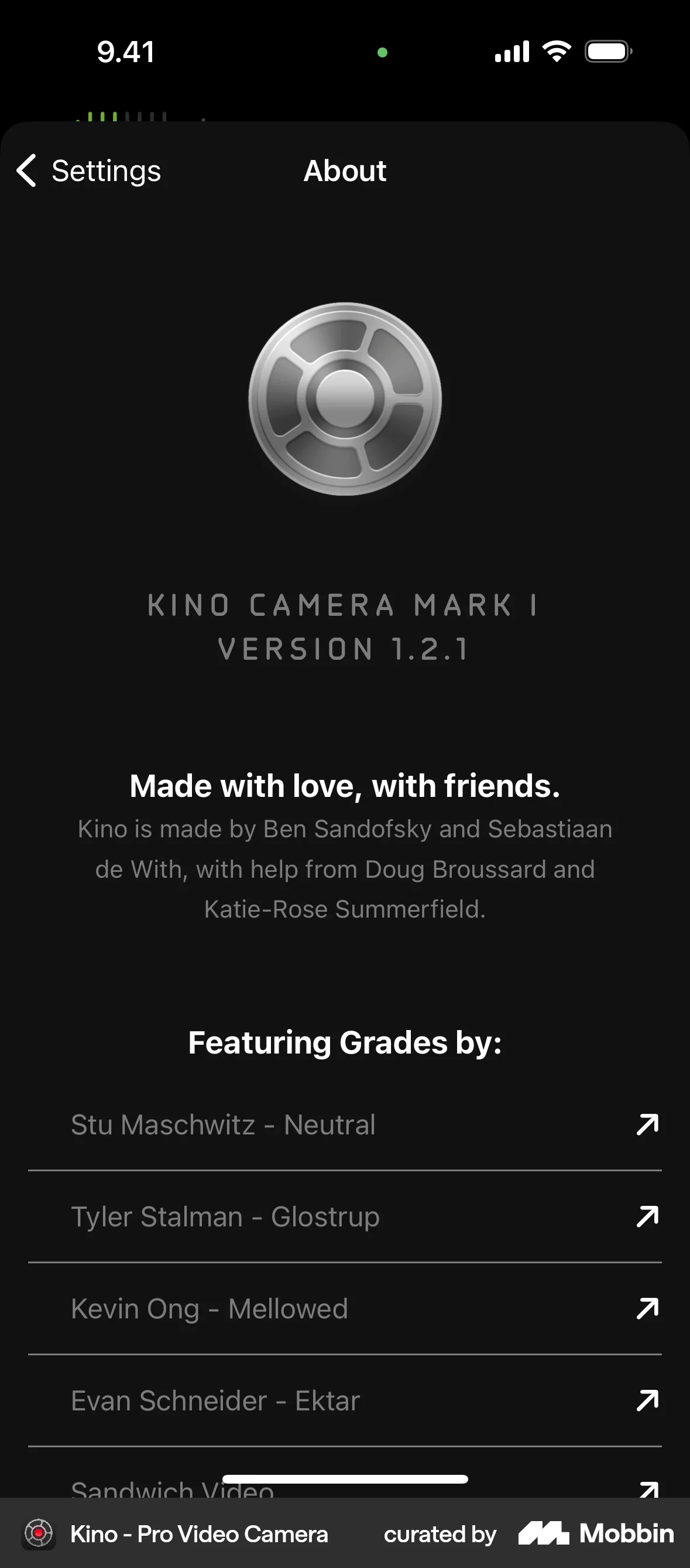Kino iOS About screen