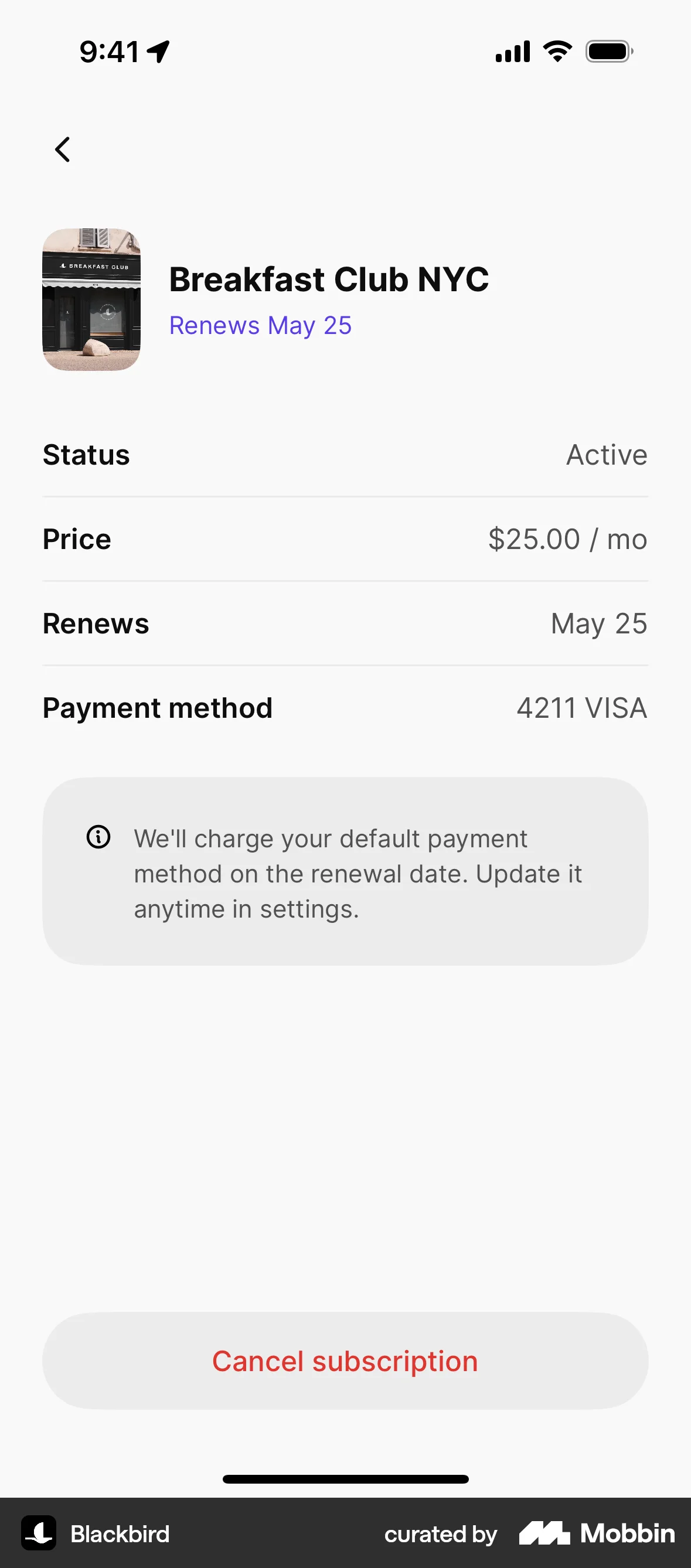 Blackbird iOS Billing screen