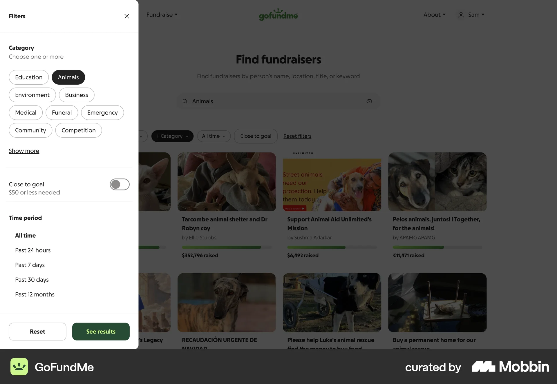 GoFundMe Web screen containing Filter Panel UI UI element