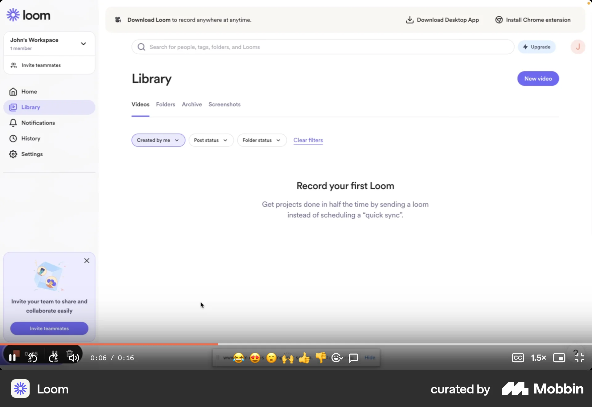 Loom Web screen containing Full-Screen Overlay UI element