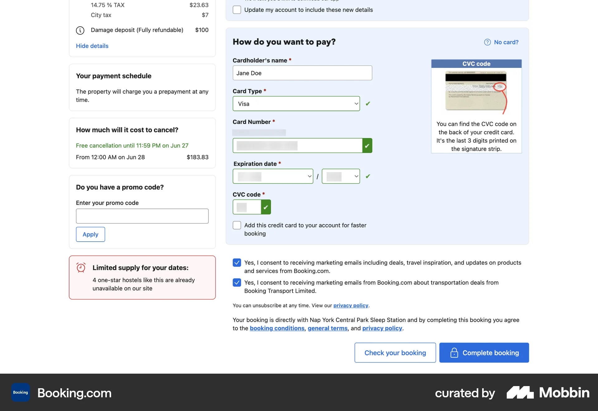 Booking.com Web Payment Method screen