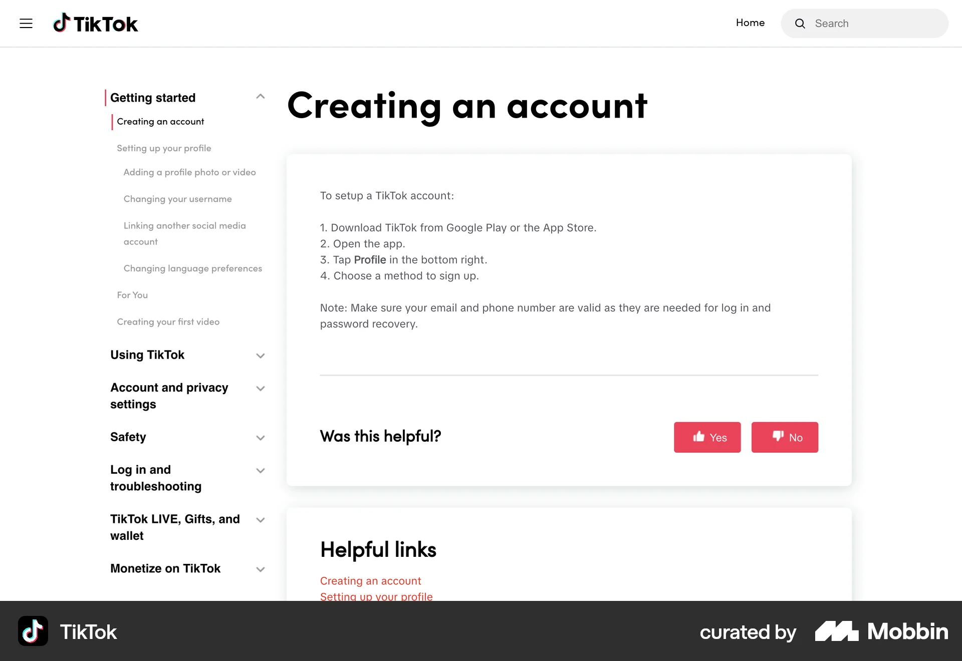 TikTok Web screen containing Table of Contents UI element