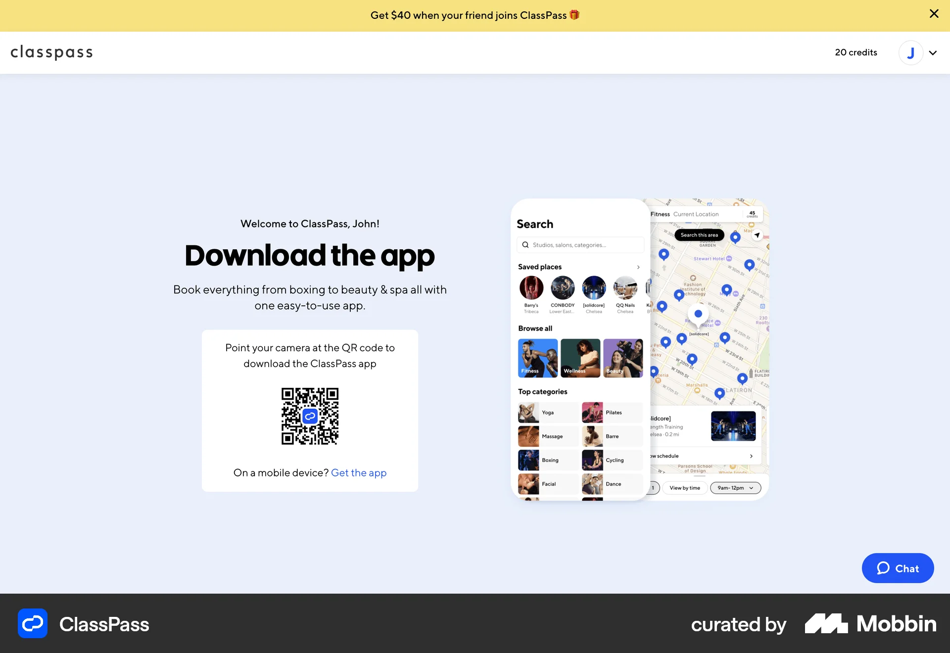 ClassPass Web QR Code screen