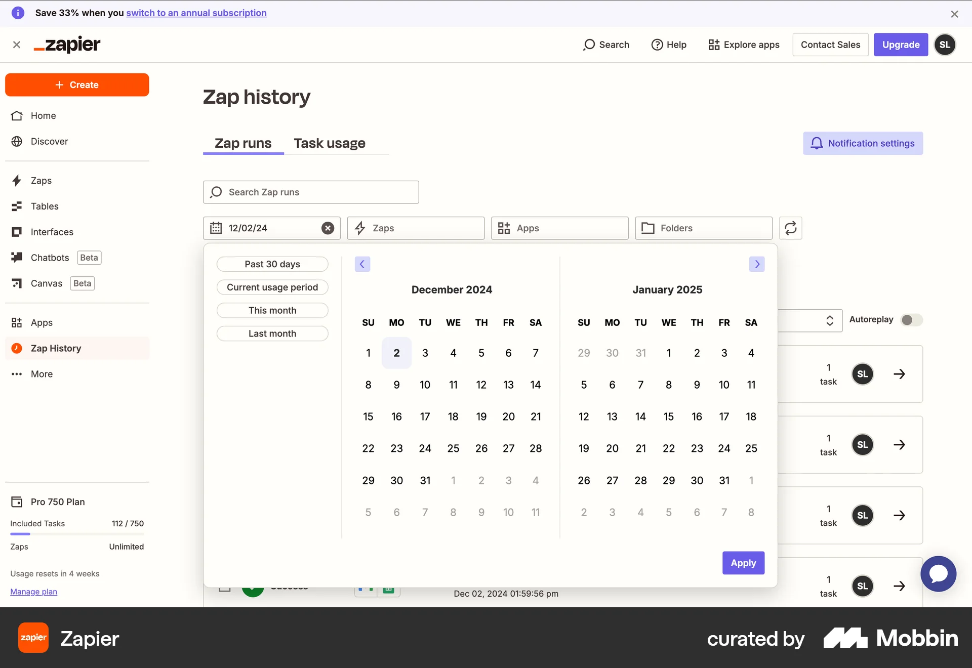 Zapier Web screen containing Date Picker UI element