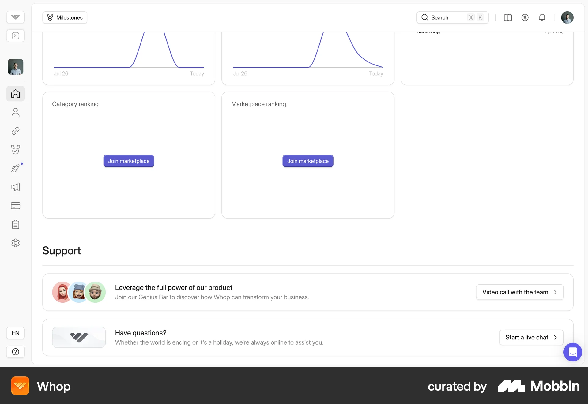 Whop Web Help & Support screen