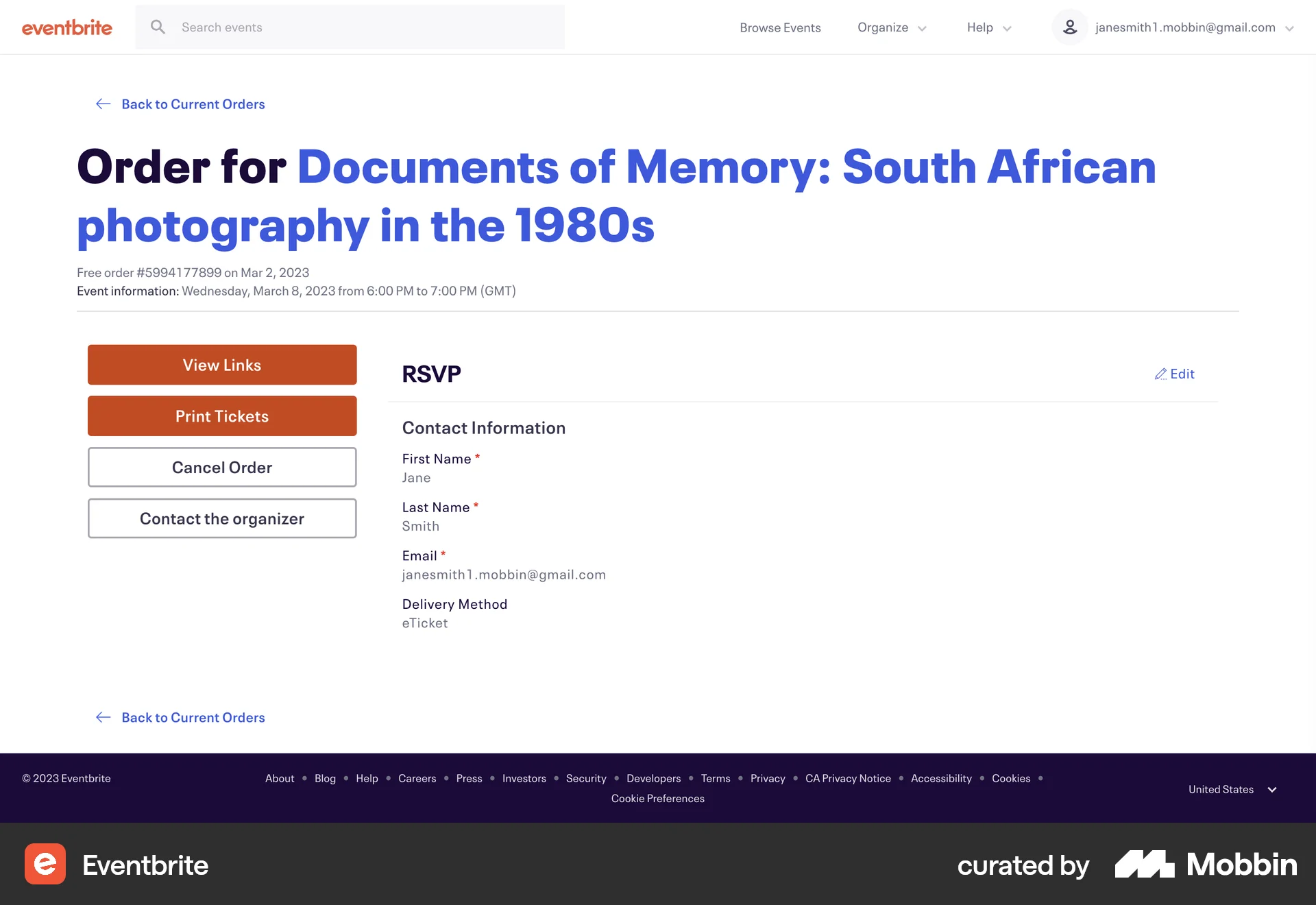Eventbrite Web Order Detail screen
