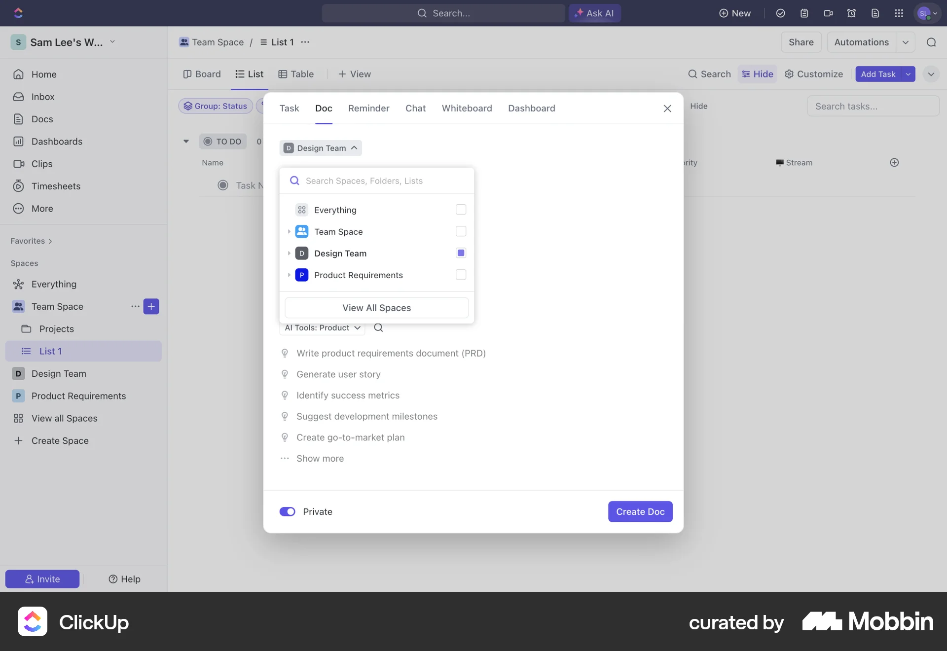 ClickUp Web screen containing Combobox UI element