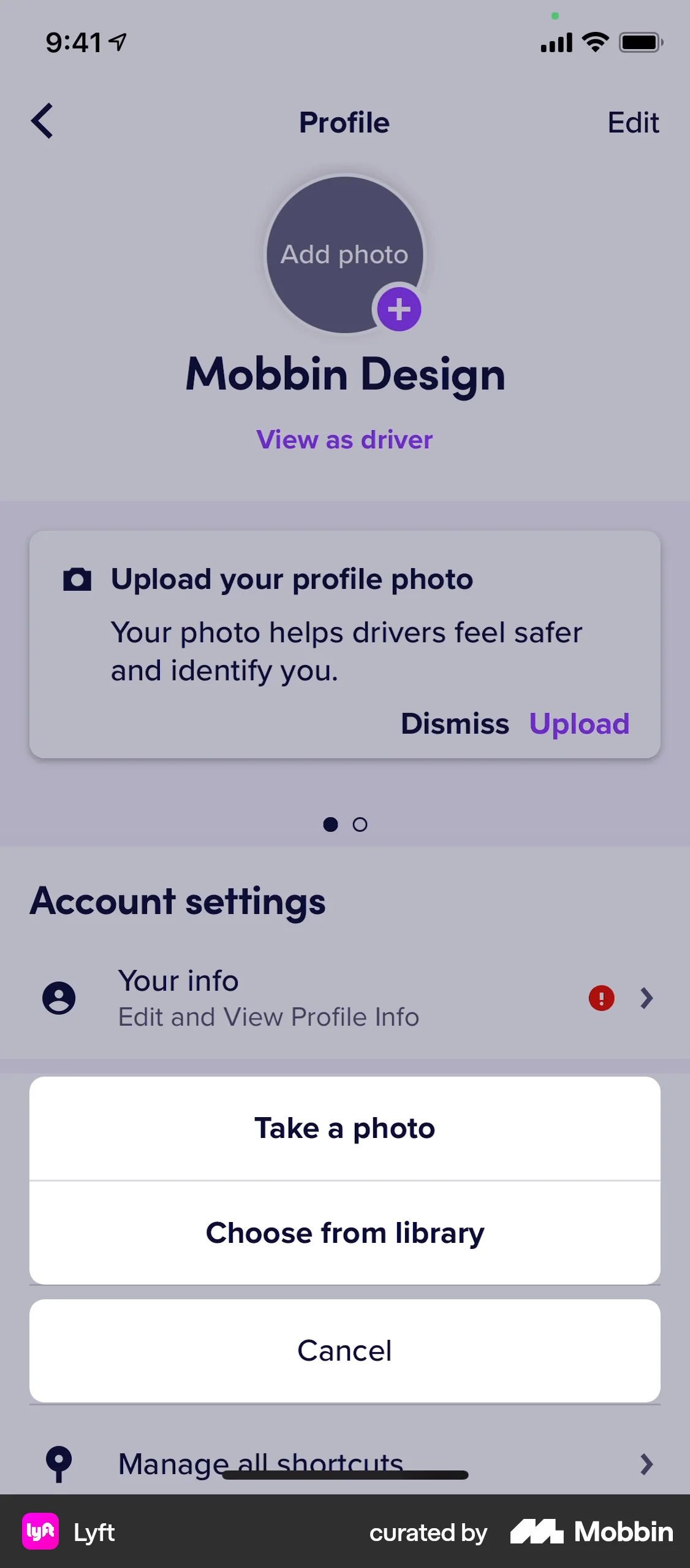 Lyft iOS screen containing Action Sheet UI element