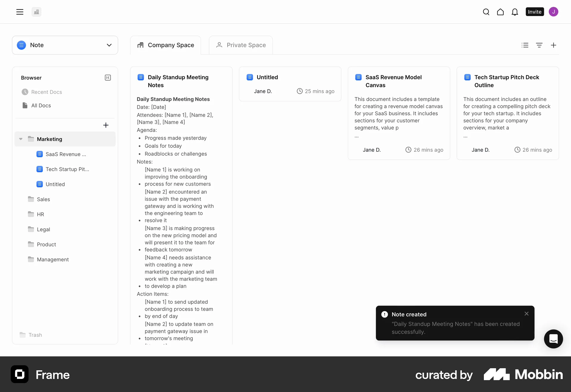 Frame Web screen containing Toast UI element