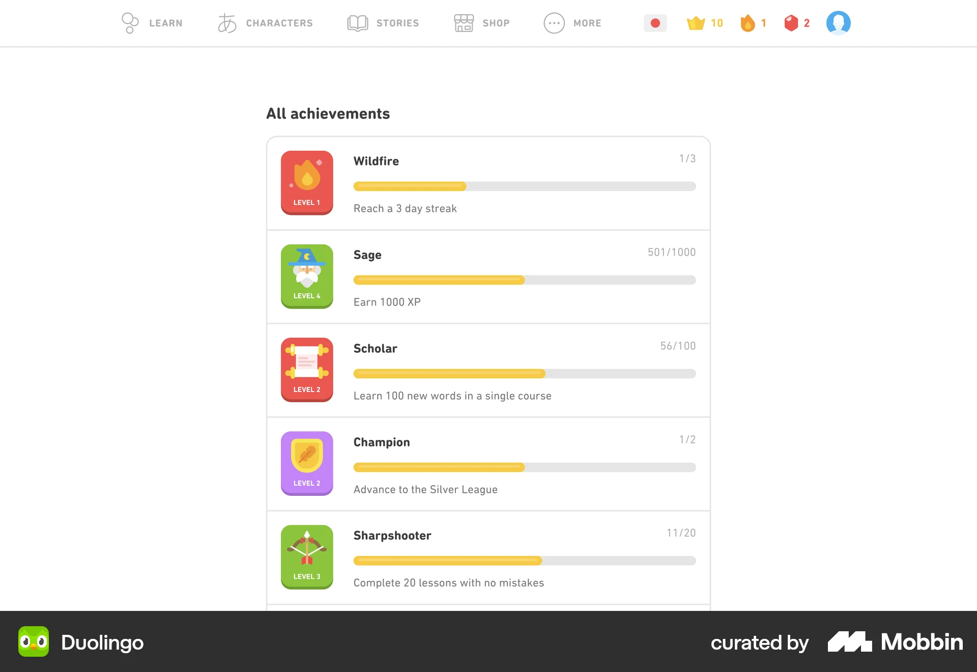 Duolingo Web Achievements & Awards screen