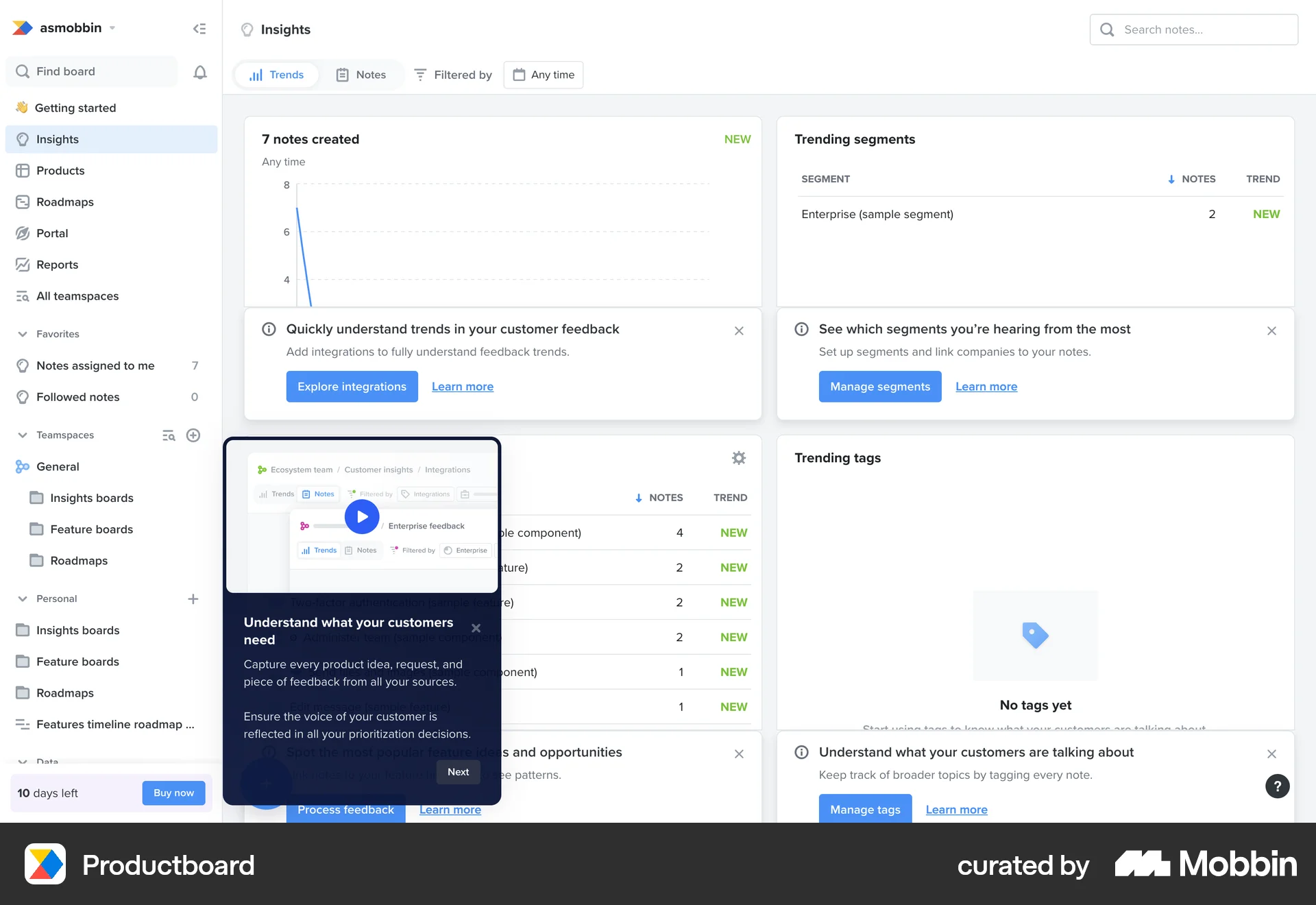 Productboard Web Guided Tour & Tutorial screen