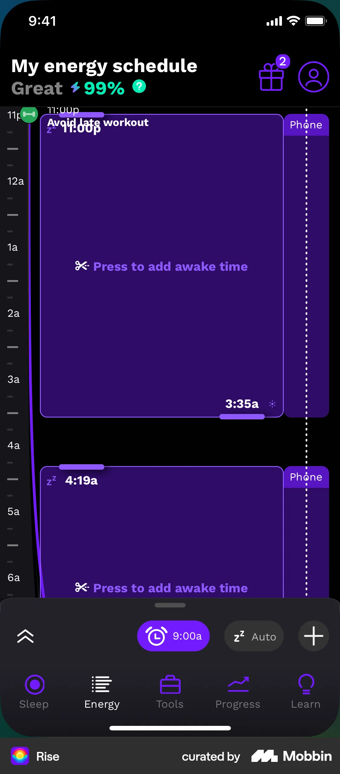 Rise iOS Timeline & History screen