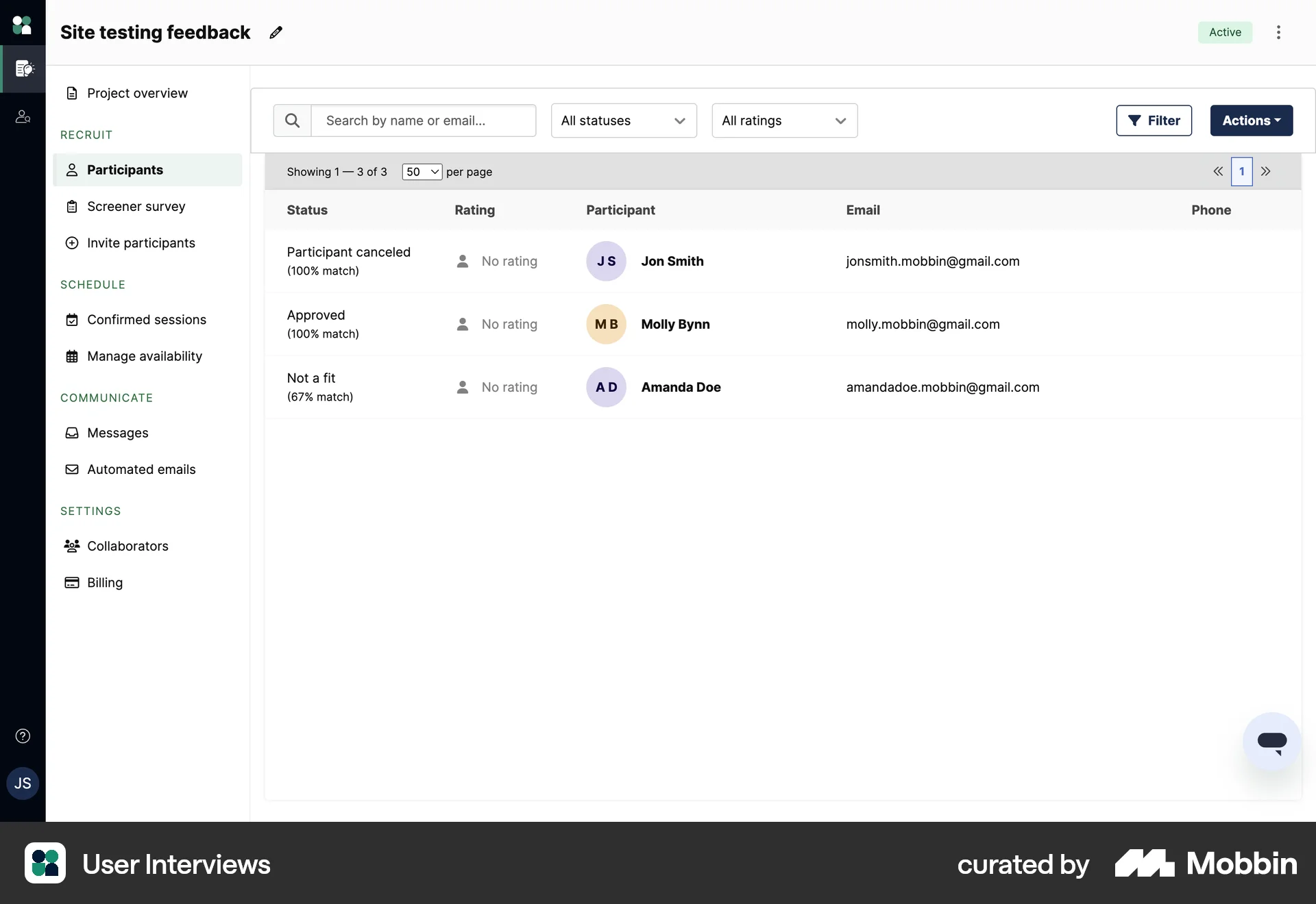 User Interviews Web screen containing Table UI element