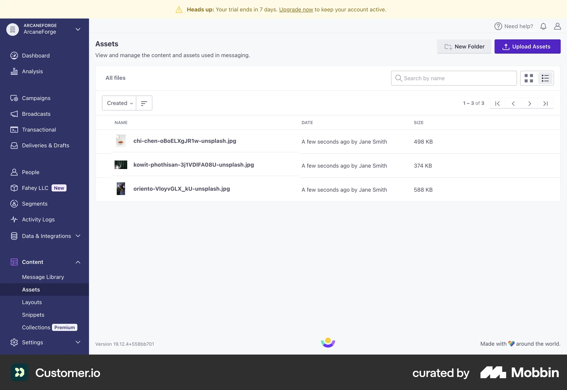 Customer.io Web Other Action screen