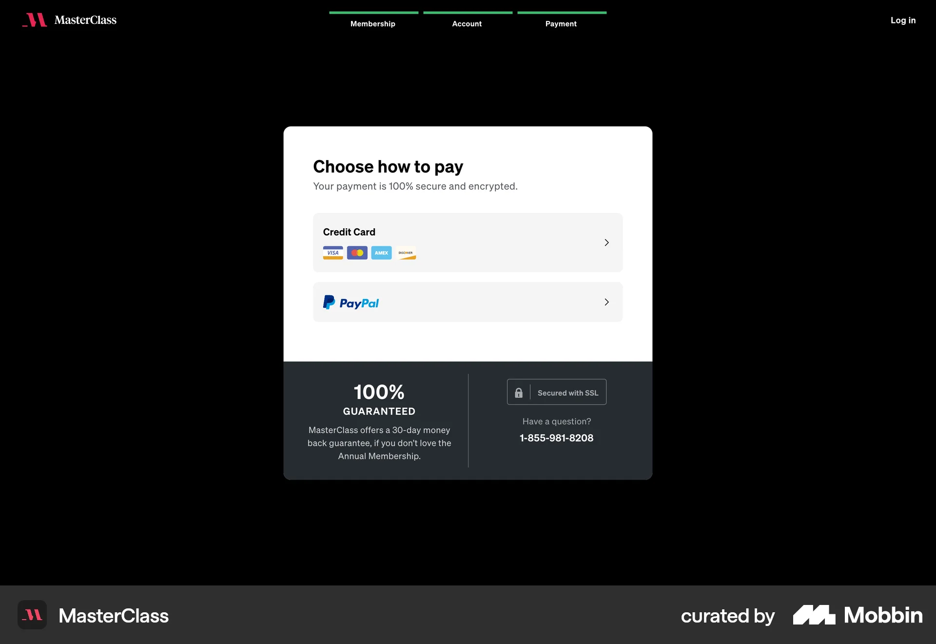 MasterClass Web Payment Method screen