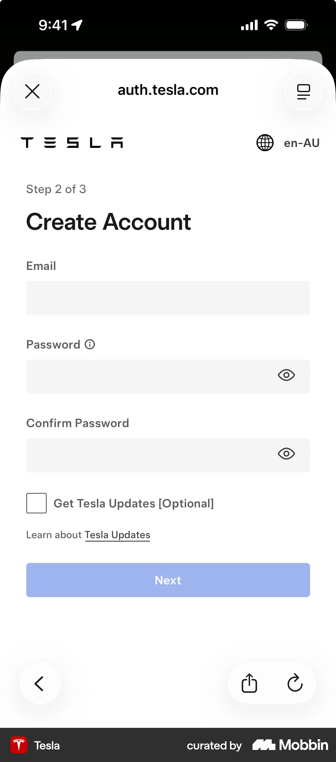 Tesla Onboarding screen