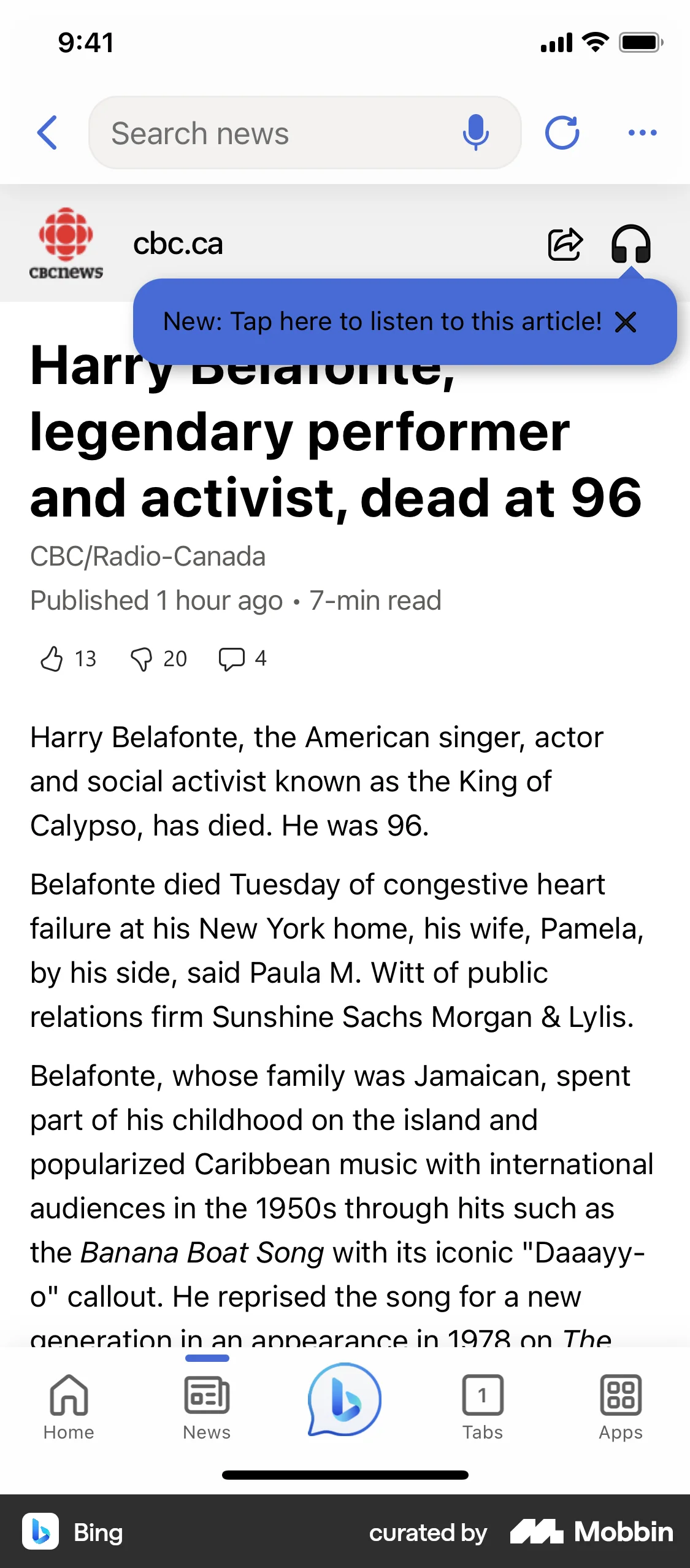 Bing iOS Article Detail screen