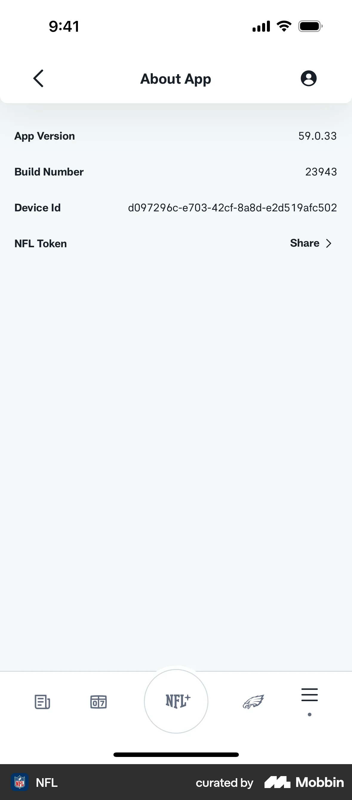 NFL iOS About screen