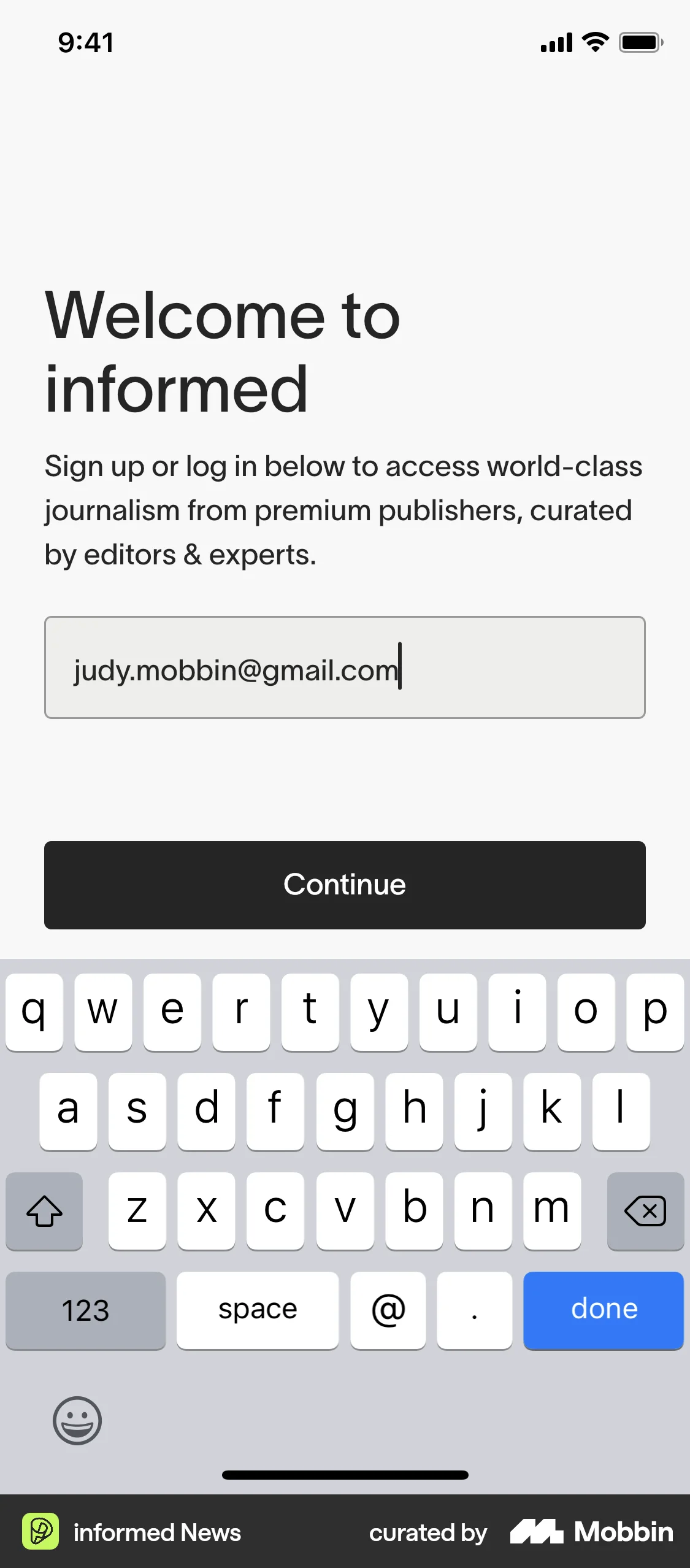 informed News iOS Signup screen