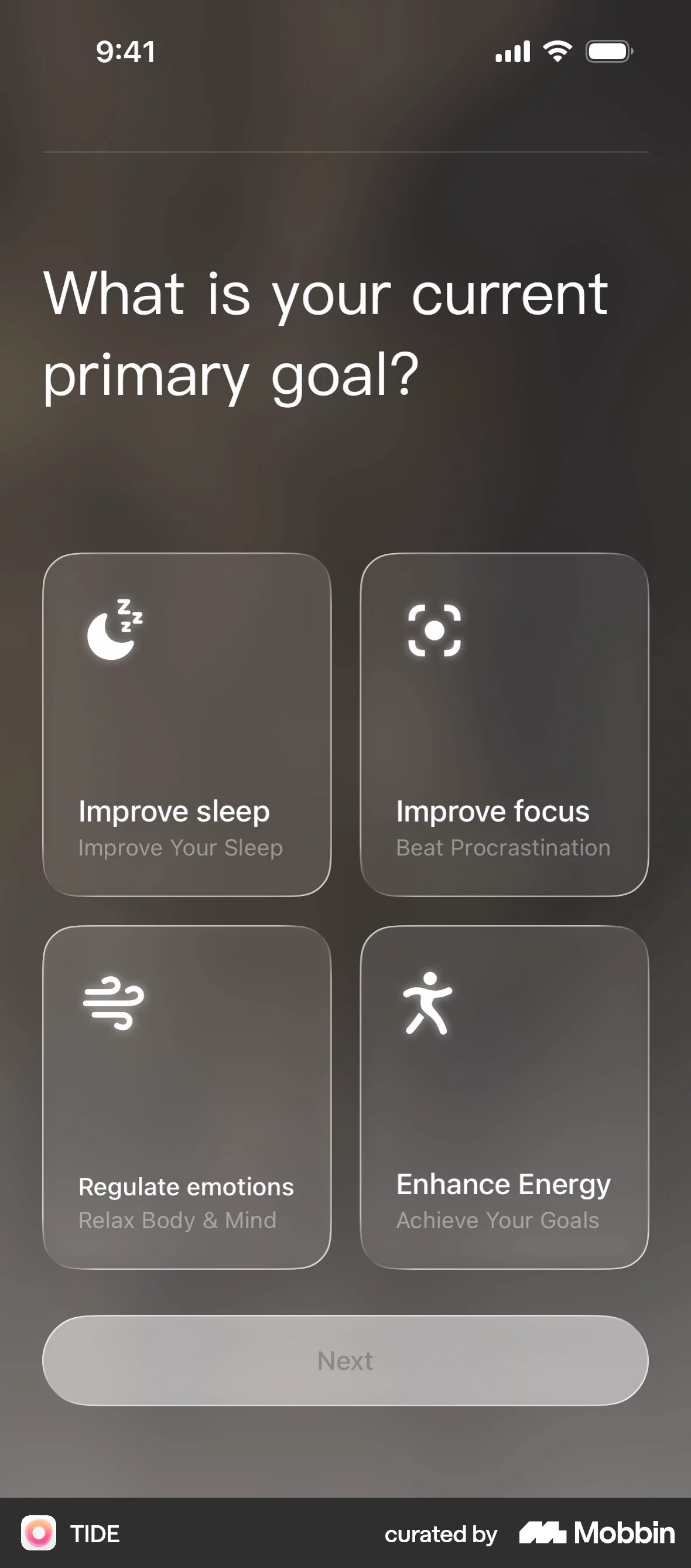 TIDE iOS Glassmorphism screen