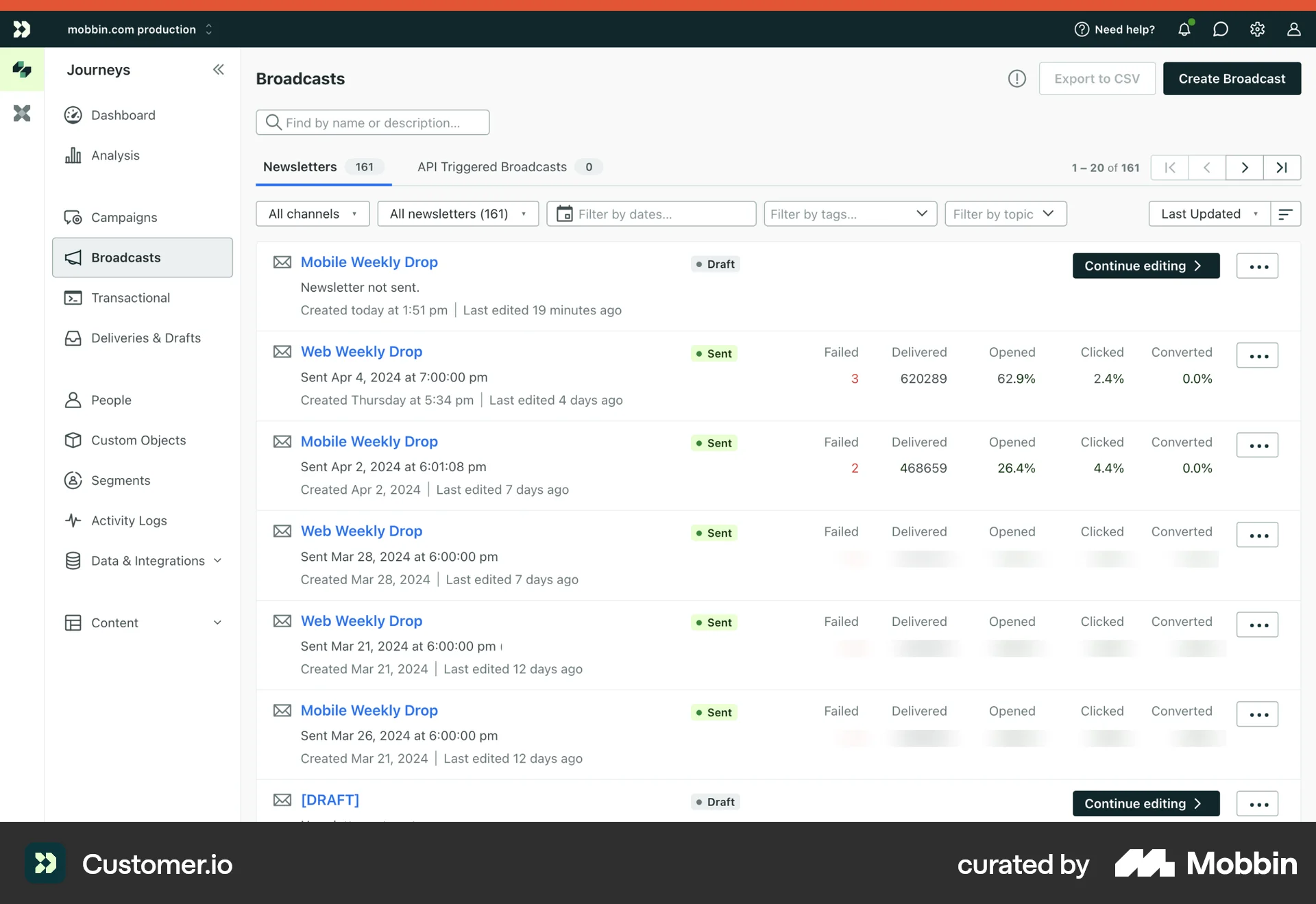Customer.io Web screen containing Table UI element