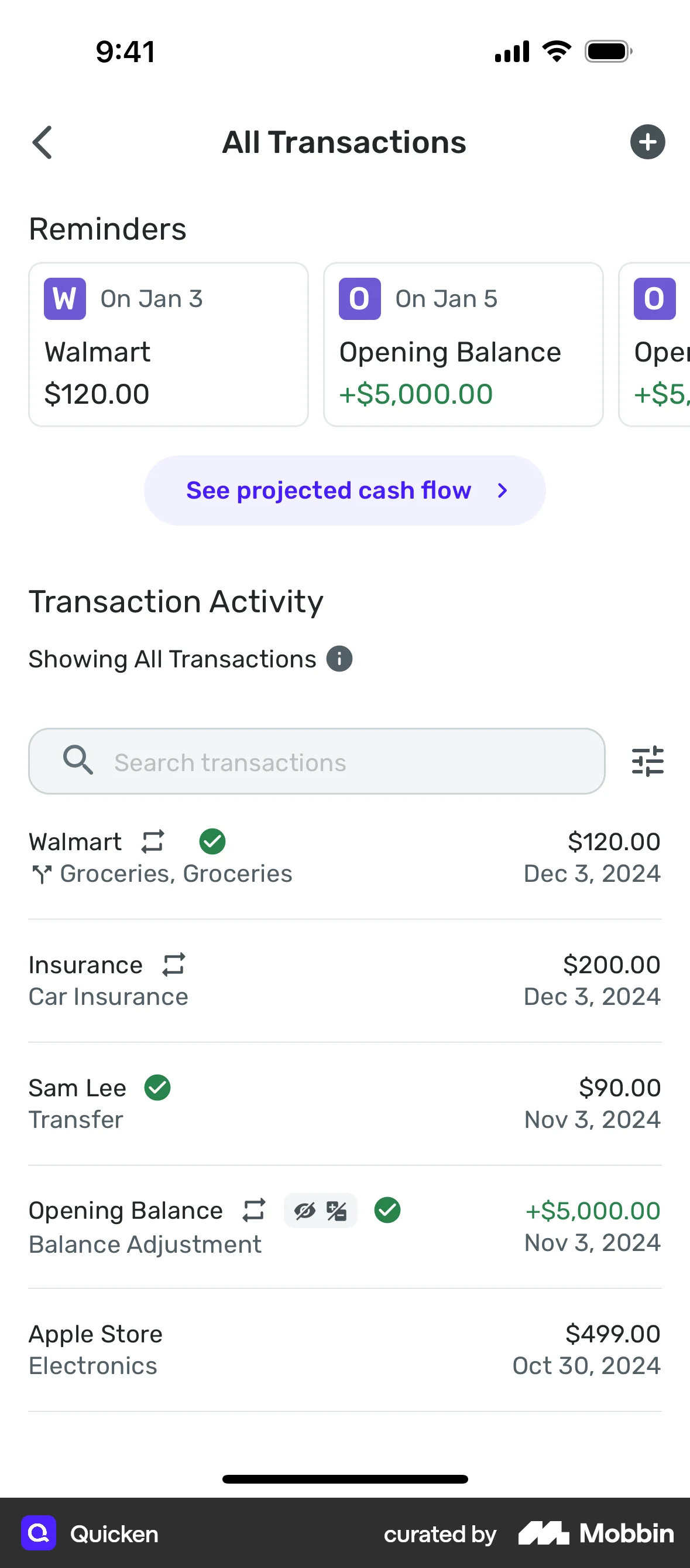 Quicken iOS Reminder screen