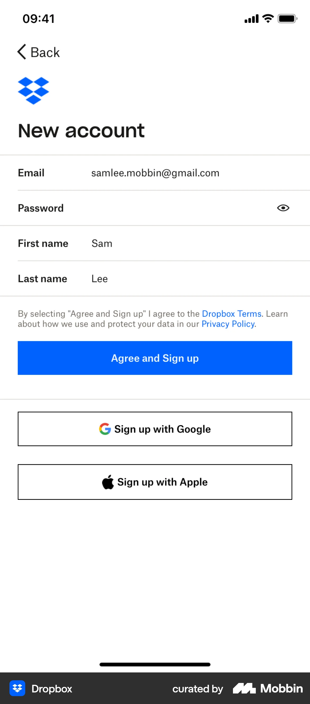 Dropbox iOS Signup screen