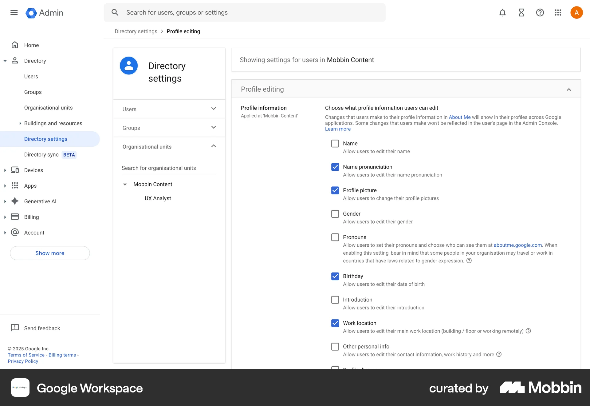 Google Workspace Web Settings & Preferences screen