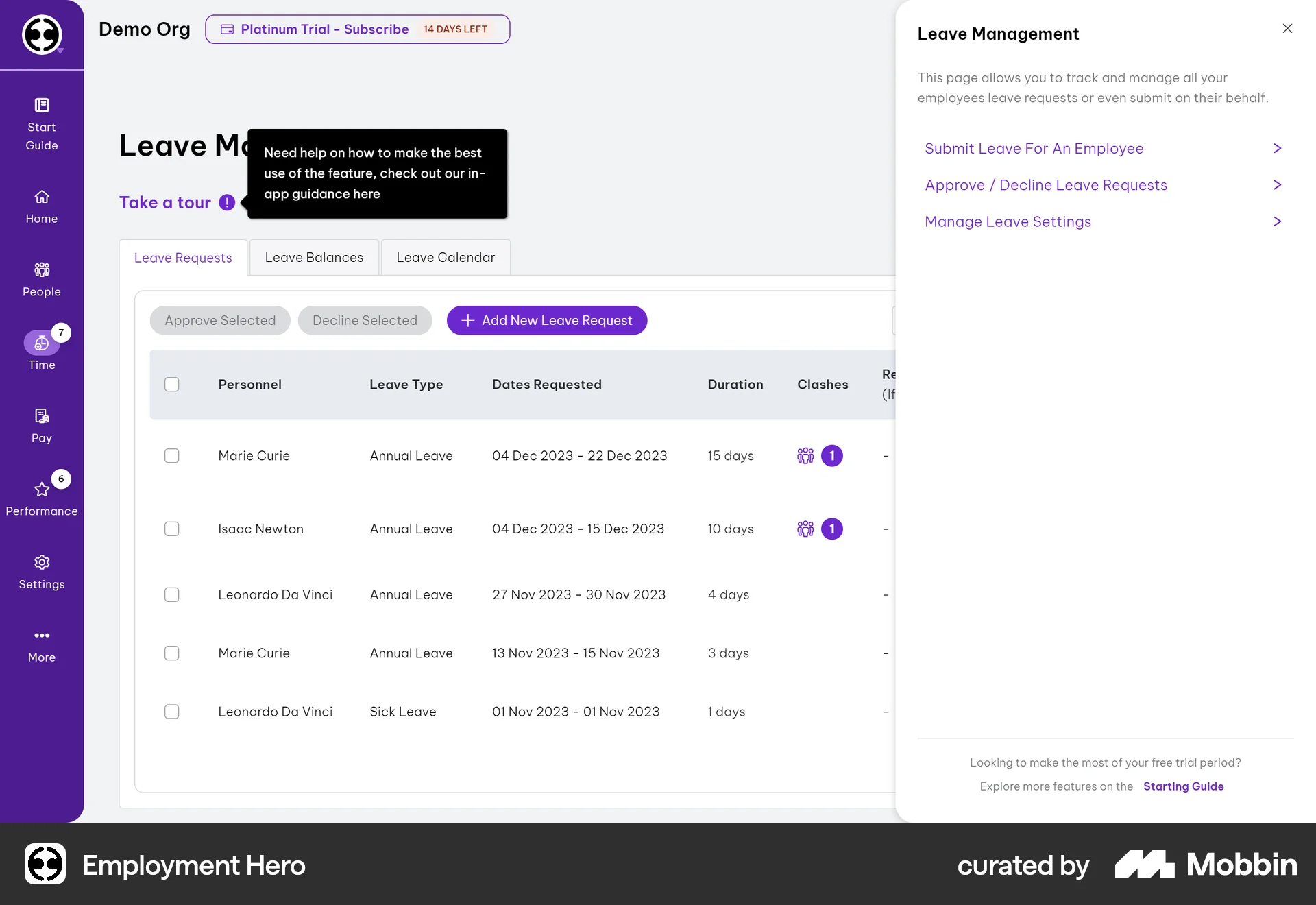 Employment Hero Web Guided Tour & Tutorial screen