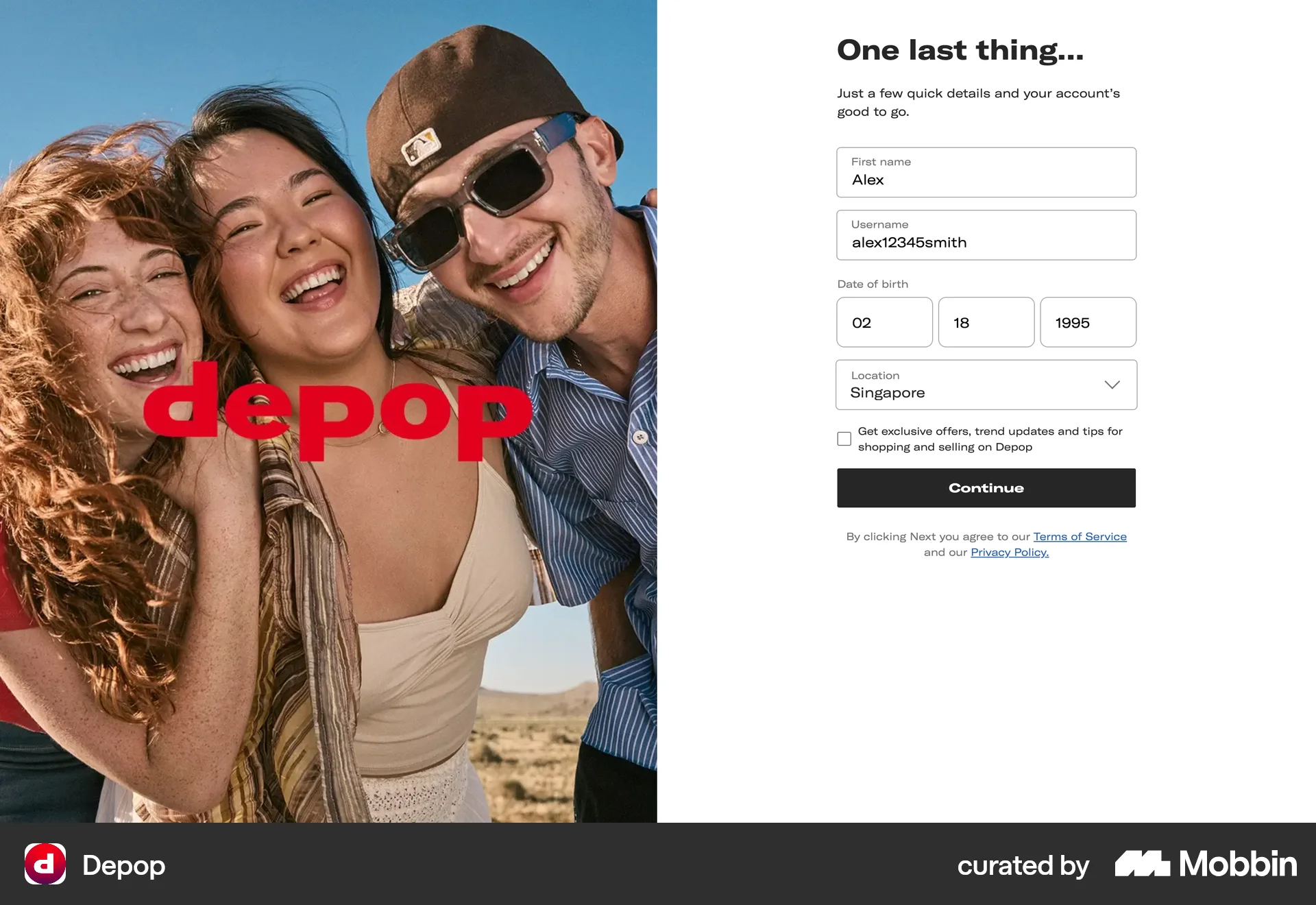 Depop Web Account Setup screen
