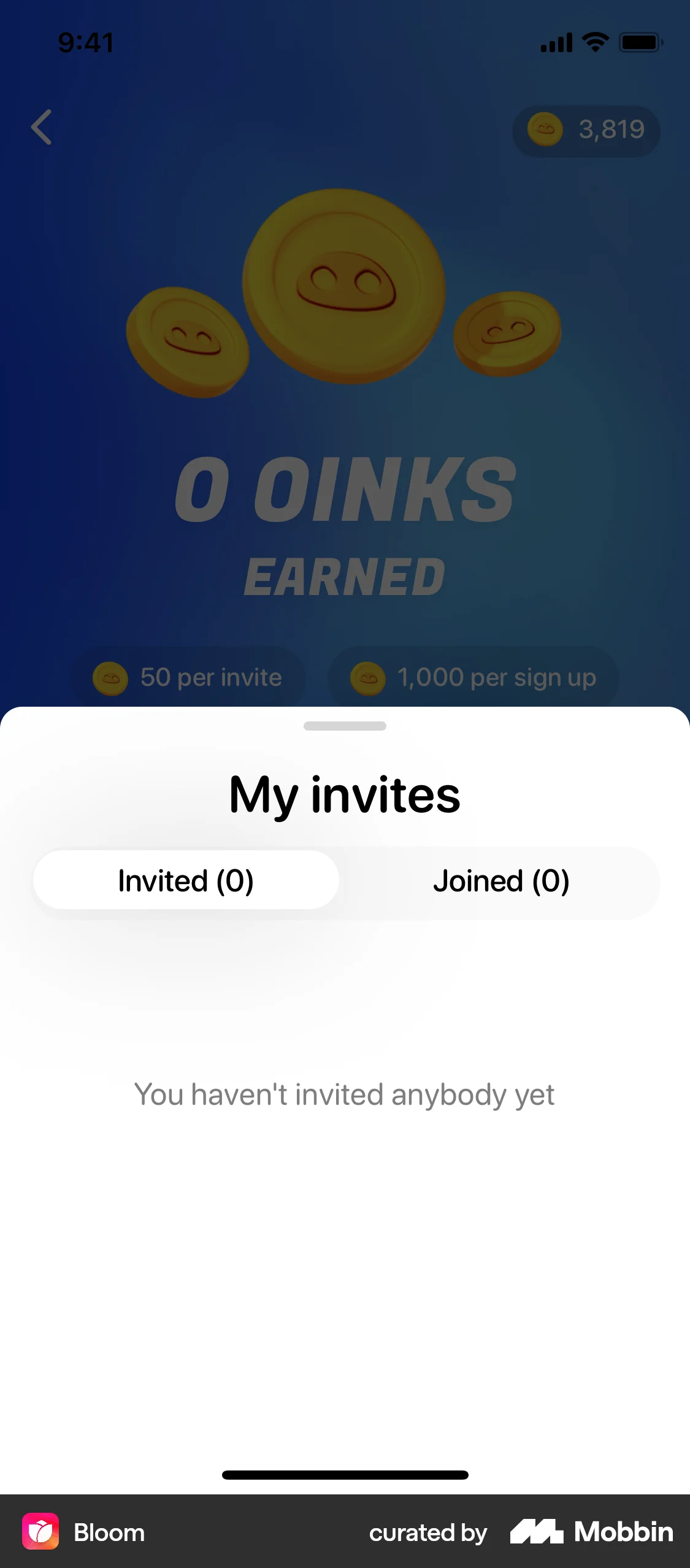 Bloom iOS Invite & Refer Friends screen
