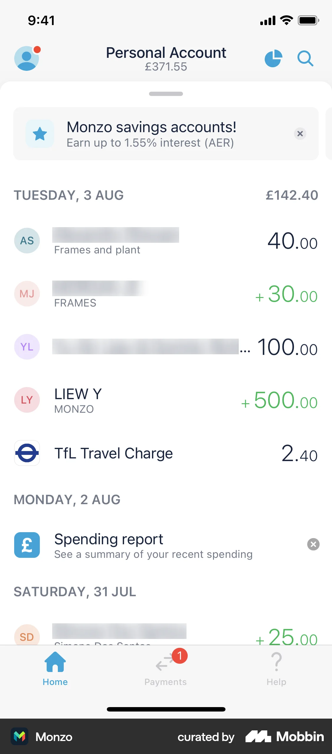 Monzo iOS Wallet & Balance screen