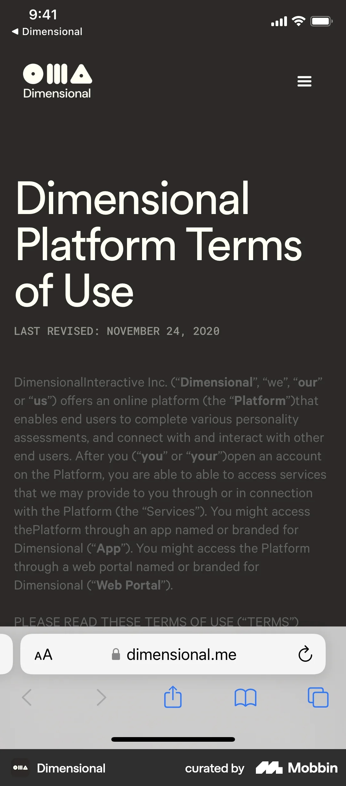 Dimensional iOS Terms & Conditions screen